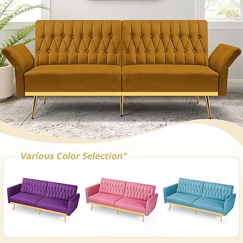 Miniatura 7 de Sofá cama futón de terciopelo de 70 pulgadas con 2 almohadas y reposabrazos ajustables, cama convertible con respaldo ajustable, sofá biplaza