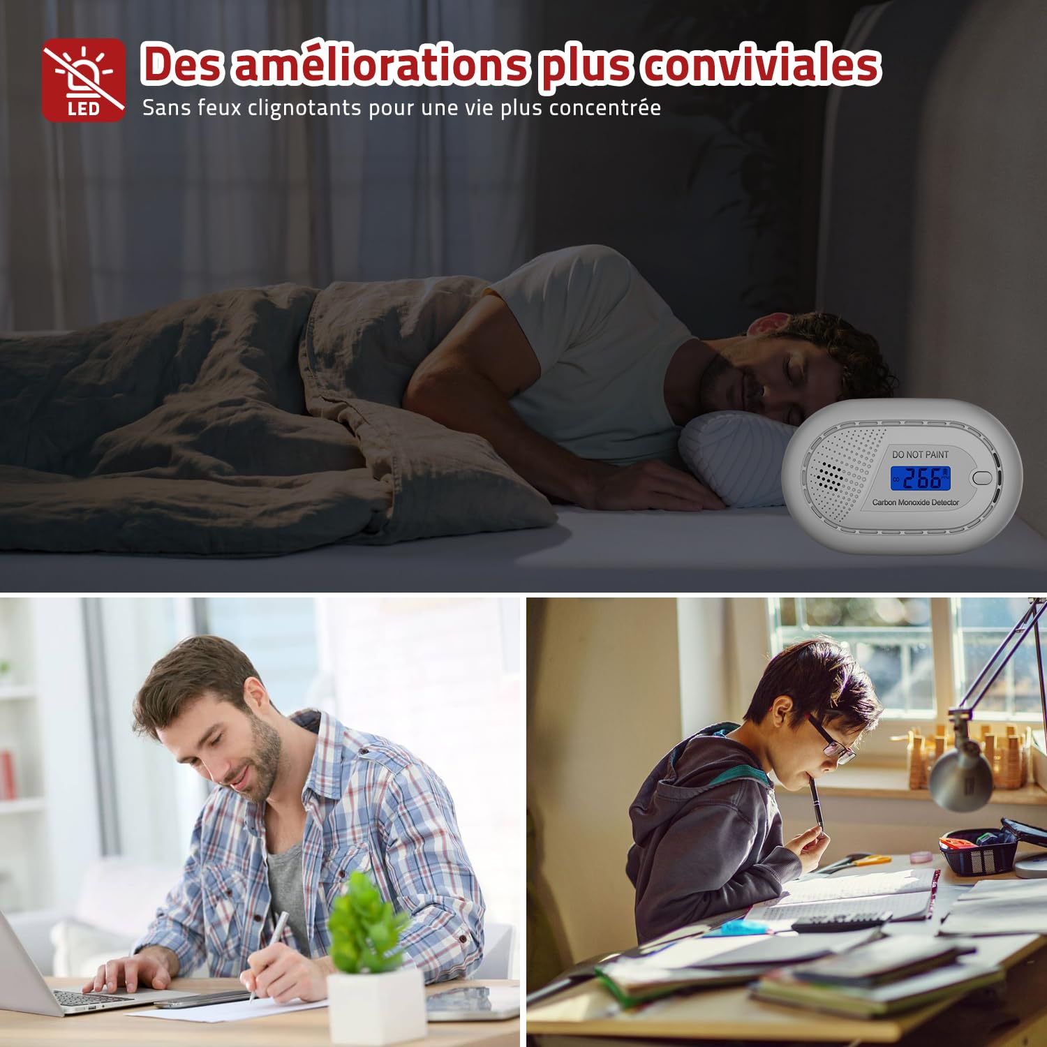 RUNIDUR Détecteur de Monoxyde de Carbone Alarme Portable avec Durée de Vie 10 Ans, Détecteur de CO Plat sans Perçage Selon la Norme Européenne en 50291 pour Poêle-Cheminée, 1 Pièce
