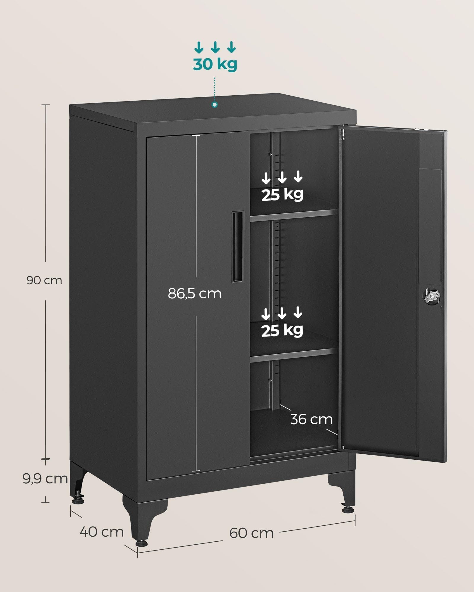 Helloshop26 Caisson de Bureau Placard Polyvalent Armoire de Bureau à 2 Portes verrouillable 40 x 60 x 90 cm Meuble de Rangement en Acier pour Bureau Salon Noir 12_0004831