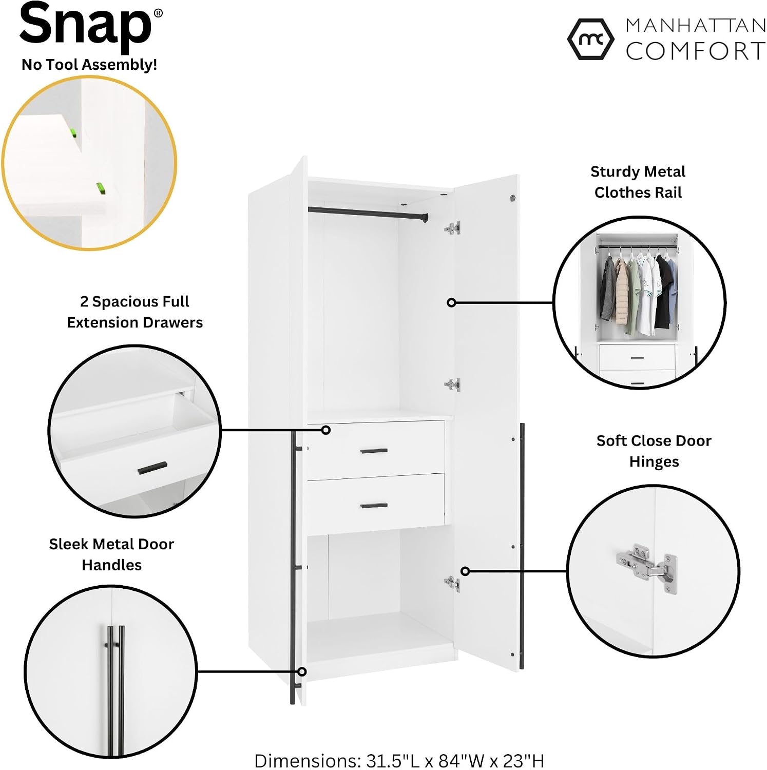 Manhattan Comfort Lee Modern Freestanding Closet 2.0 | Space-Saving Design with 3 Hanging Rods, 6 Drawers & 3 Storage Areas | No Tool Assembly Storage Cabinet, 3 Piece Set, White