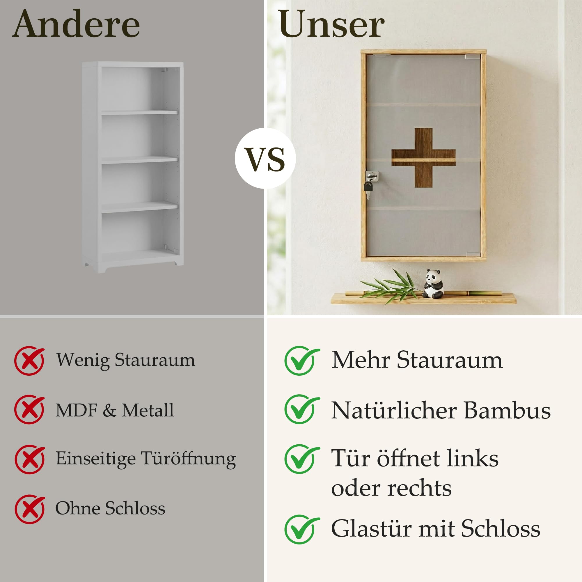 HEYZOEY Armoire à pharmacie en bambou verrouillable à fixer au mur avec 4 compartiments, pharmacie domestique pour salle de bain, 65 x 35 x 18 cm, grande armoire à pharmacie pour un usage domestique