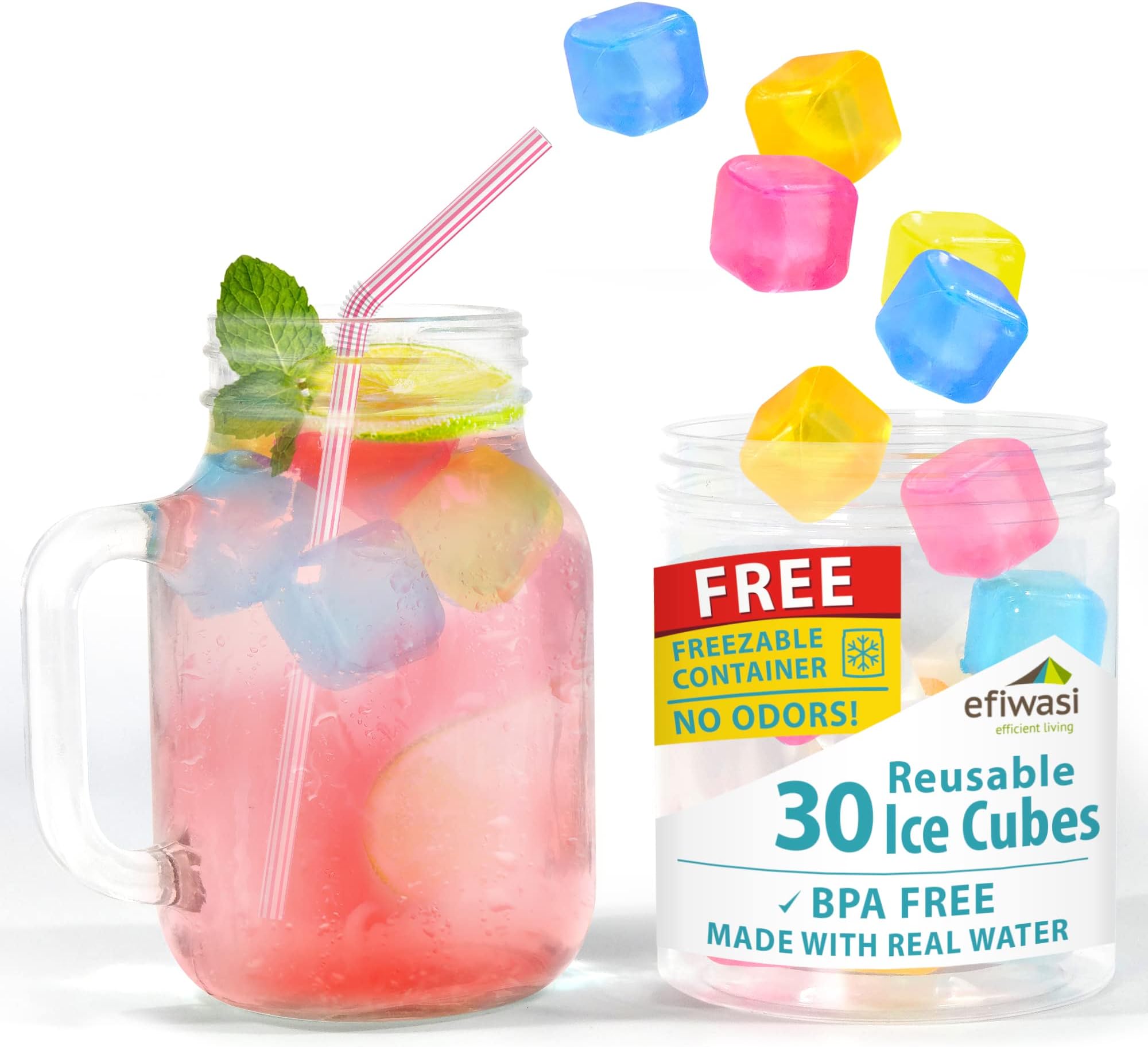 Reusable Ice Cubes For Drinks - Chills Drinks Without Diluting Them - Made From BPA Free Plastic - Refreezable, Washable, Quick And Easy To Use - Pack Of 30 With Storage Container by Efiwasi