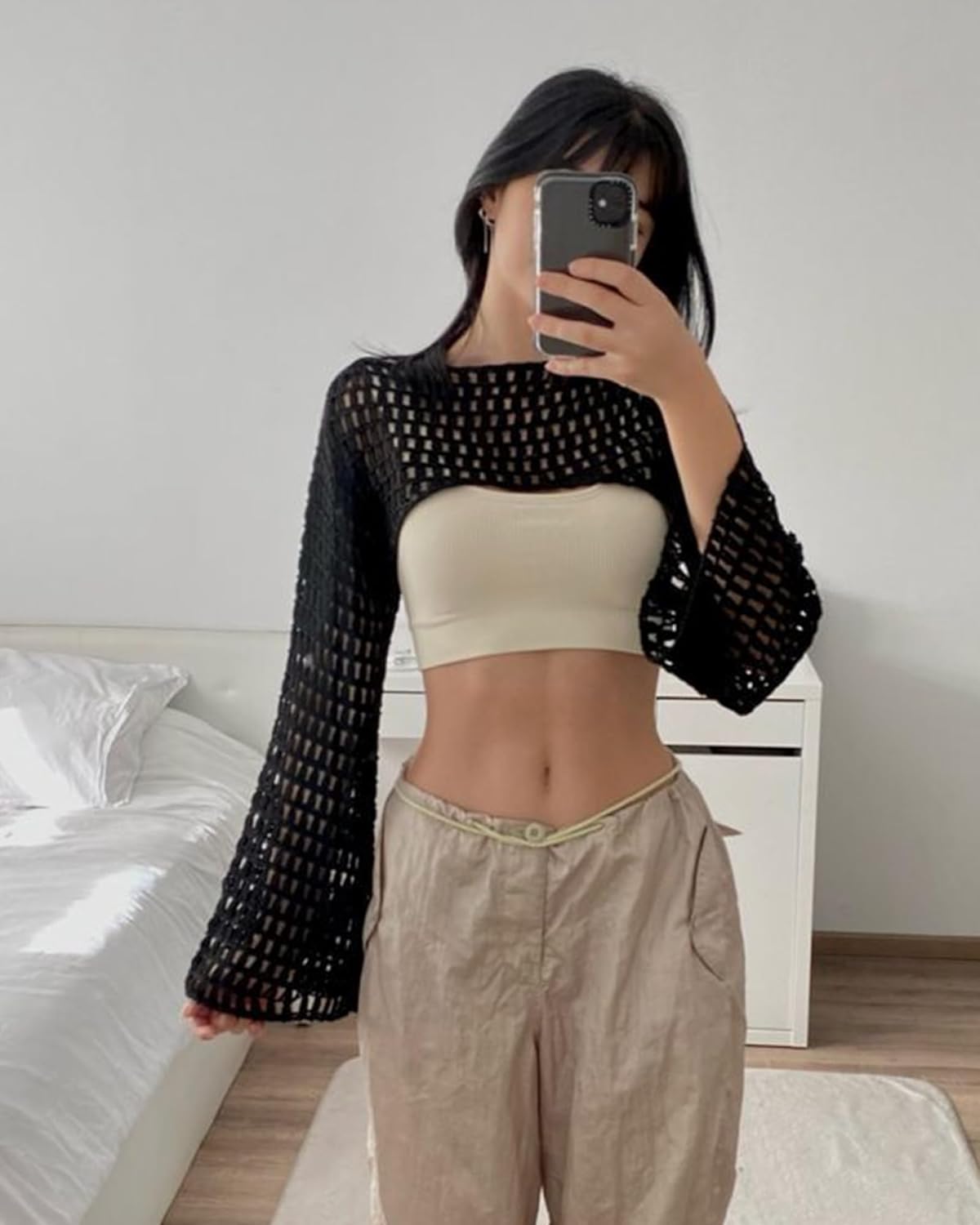 Womens Crochet Crop Tops Y2k Knit Shrug Sweater Hollow Out Long Sleeve Bikini See Through Cover Ups - Image 5