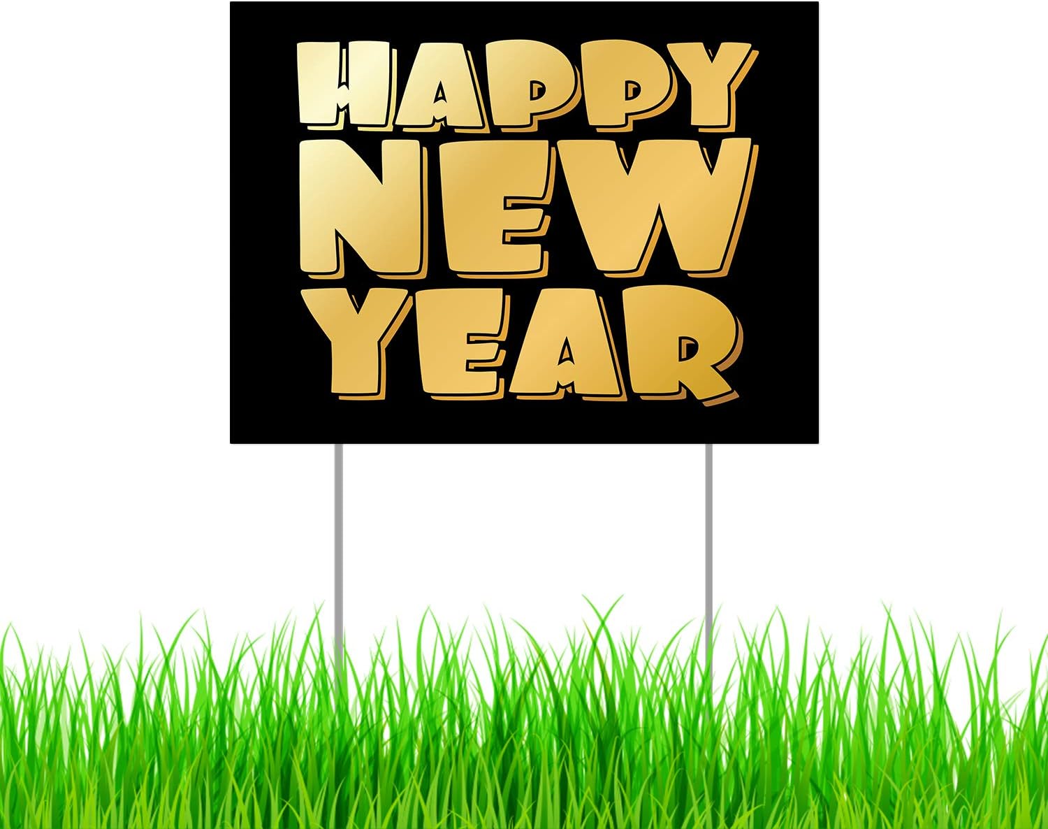 BannerBuzz Happy New Year Yard Sign With Metal Stakes, 890 GSM, 5 mm Thick Non Reflective Corflute material, Double Sided Full Color 600 DPI UV Printing (24" X 18")