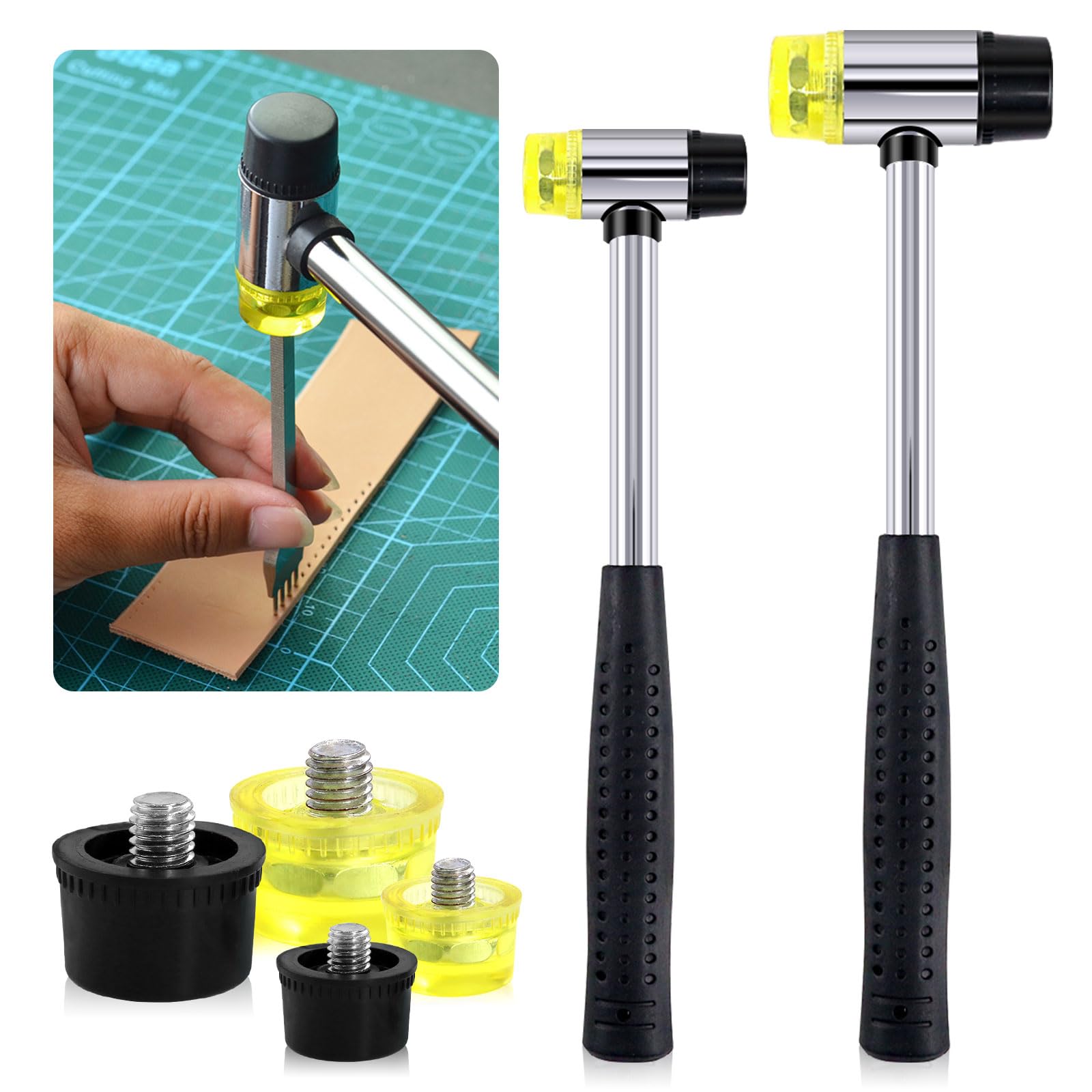 Glarks 2Pcs 25mm/35mm Double-Faced Soft Hammer Mallet with 4Pcs Replacement Heads Kit, Double Head Plastic and Rubber Hammer for Leather Crafts Watch Jewelry Flooring Installation