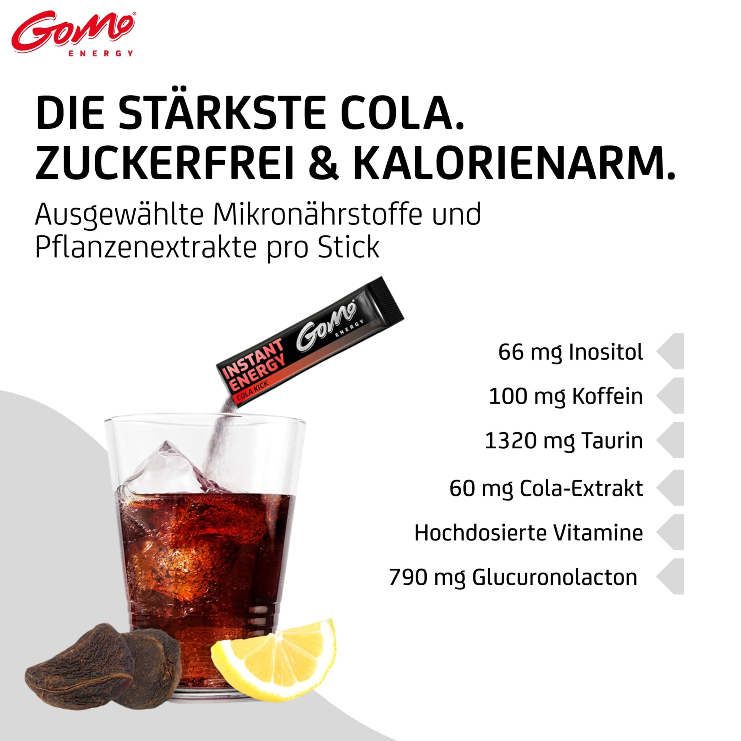 GoMo ENERGY – Instant Energy Getränkepulver Cola Zero für Wachheit, Ausdauer & Konzentration – superstarker, zuckerfreier Instant Energy Drink mit Koffein, B-Vitaminen & Taurin (100 Stk)