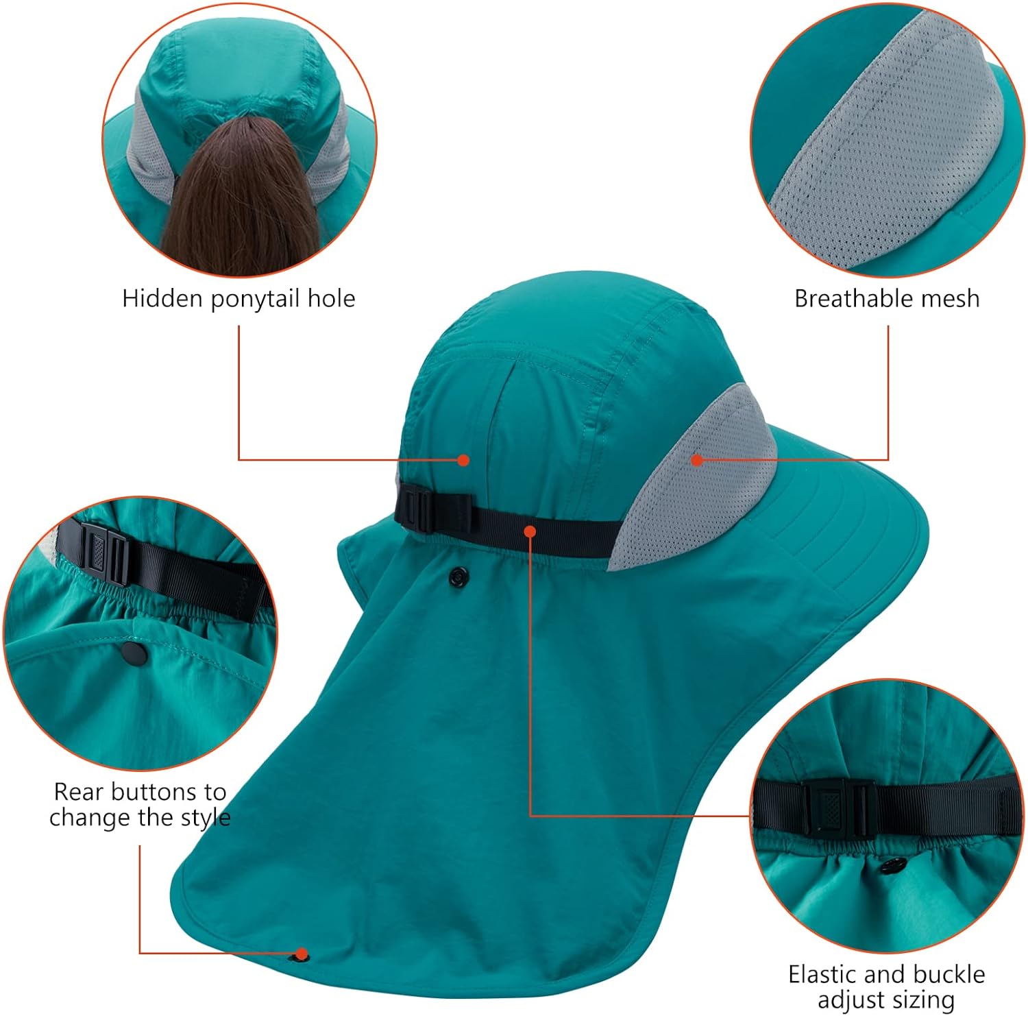 BASSDASH UPF 50+ Unisex Water Resistant Wide Brim Sun Hat with Large Neck Flap Ponytail Fishing Hat for Men Women