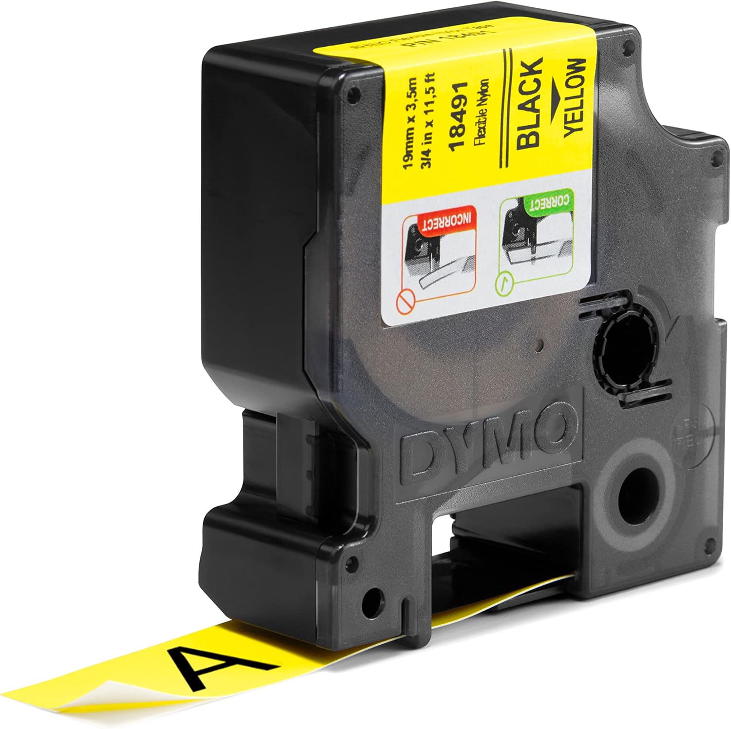 DYMO Rhino Industrial Flexible Nylon Labels 3/4" x 11.5' Black Print on Yellow Tape