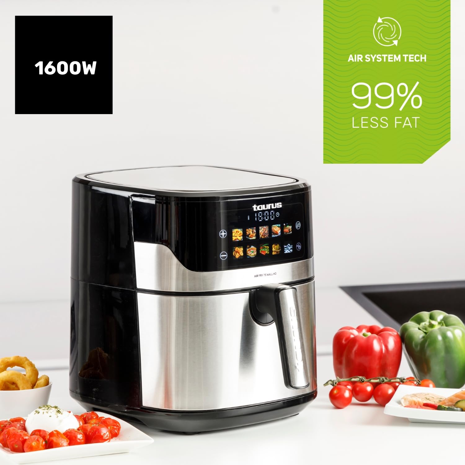 Taurus – Freidora sin Aceite Air Fryer Digital 7S Wall HD, 6,5L, 8 programas, Cocción Uniforme, Pantalla HD, Accesorio Wall, Temperatura Ajustable, Libre BPA y PFOA, Mango frío al Tacto.