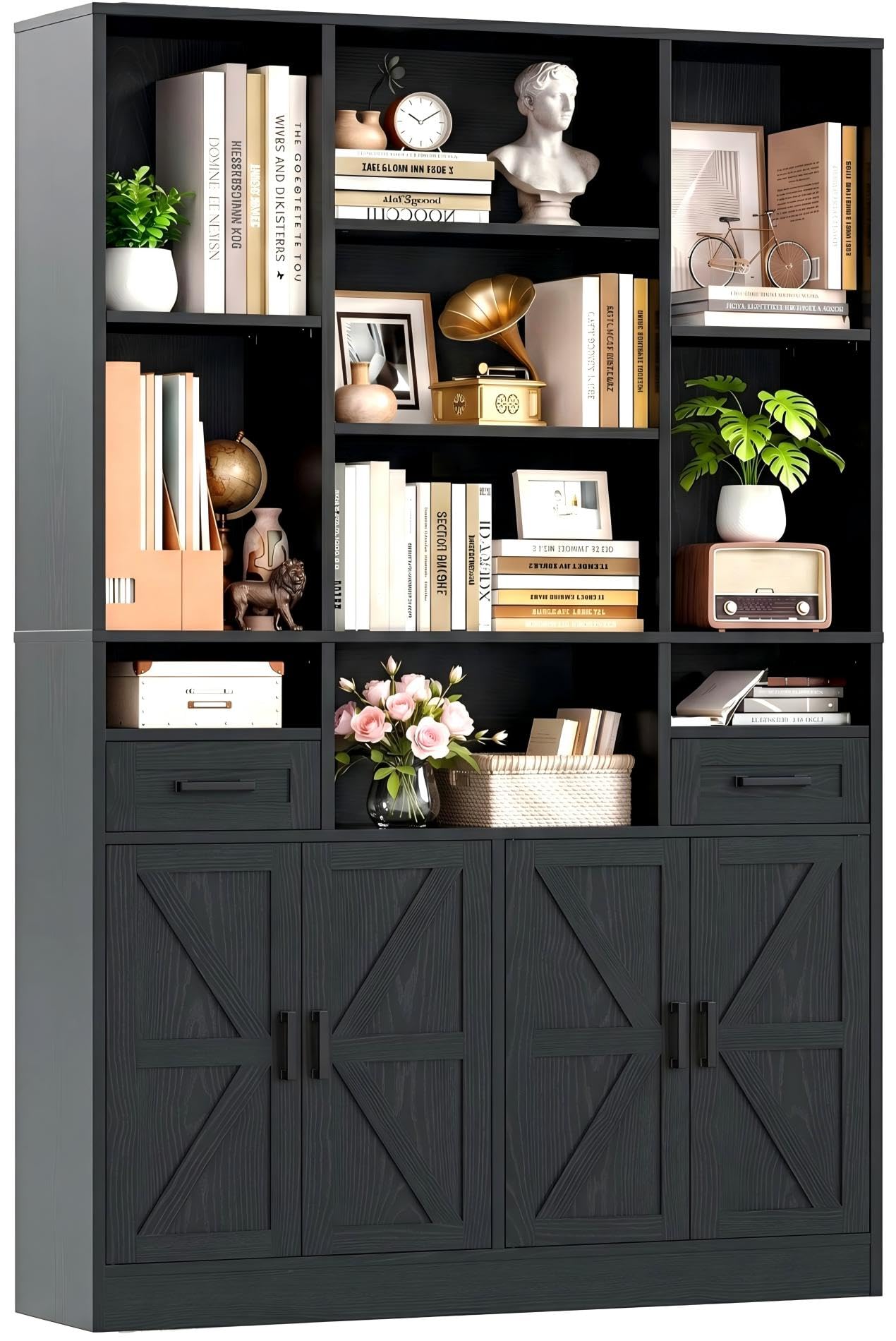 IRONCK Bookcase Bookshelf with Doors & Drawers 190cm Tall Living Room Bookcases,10 Multi-Size Open Compartments, Free Standing Display Shelf, Shelving Storage Unit for Home Office 108×30×190cm, Black
