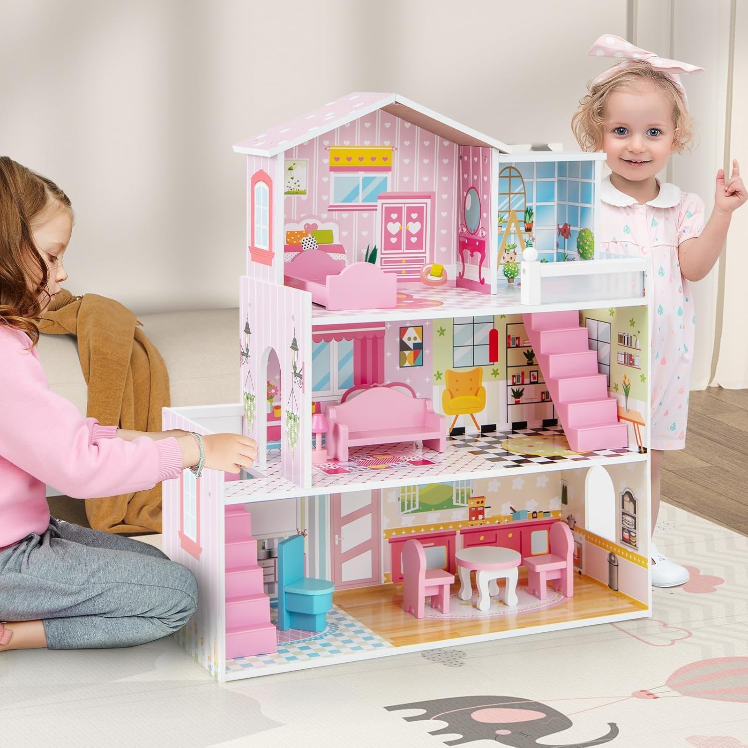 GOPLUS Casa de Muñecas de Madera, Casa de Ensueño de 3 Plantas con 5 Habitaciones Simuladas, 10 Piezas de Mobiliario, Juguete Educativo de Juegos de rol, Niñas de 3-7 Años