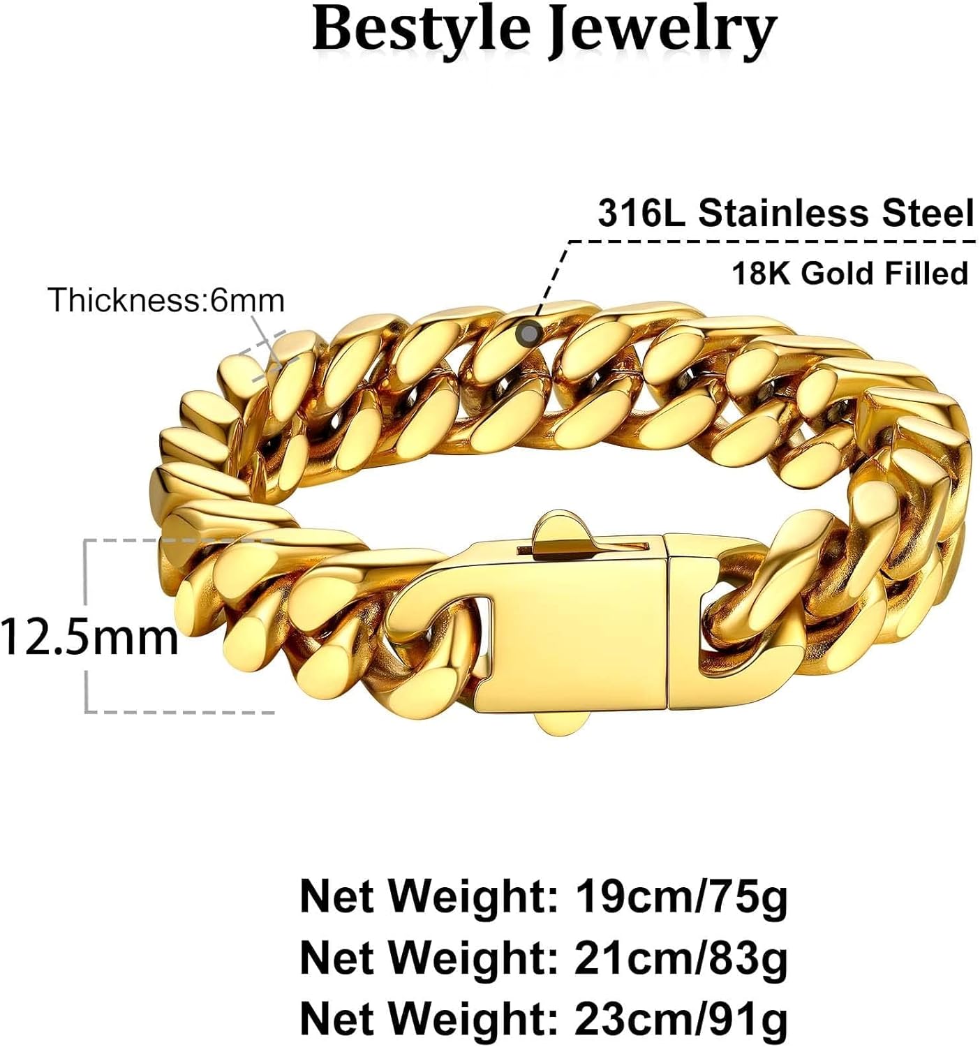 Bestyle Thick Mens Cuban Link Chain Bracelets, Durable Real 18K Gold/Black Metal Plated Solid Stainless Steel Hand Chain Cuban Bracelets for Men, Silver Black Gold Bracelets for Father Husband - Image 9