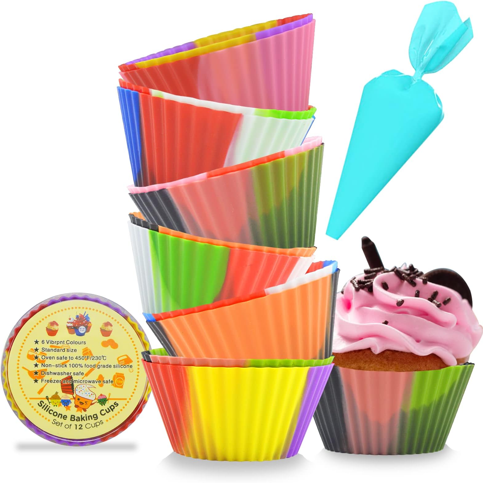 Silicone Rainbow Combo Cupcake Liners with Pastry Bag, Reusable & Non-stick Baking Cups, Standard Muffin Cups Chocolate Holders Truffle Cups (12PCS,6 Colors)