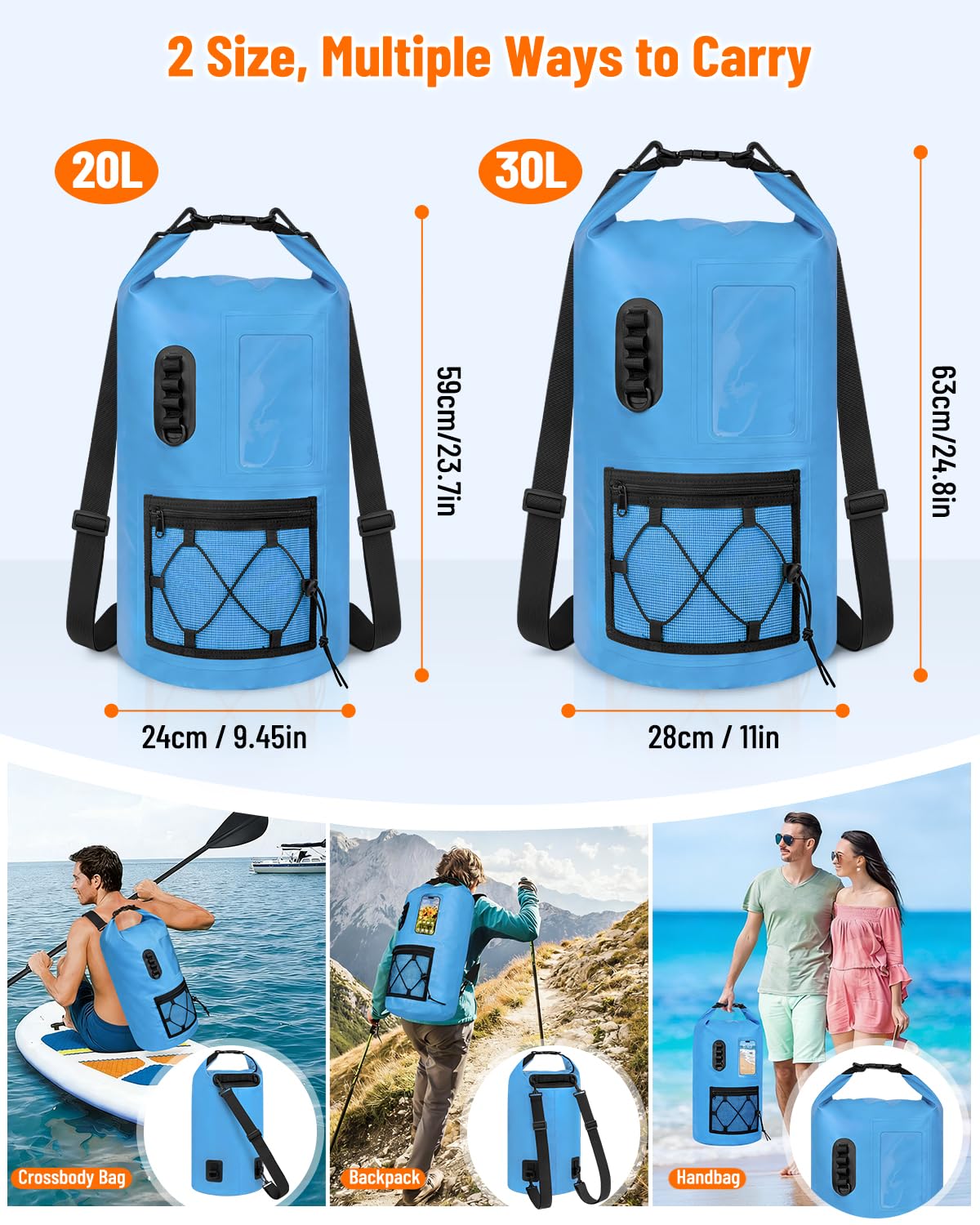Dry Bag Sacca Impermeabile 20L/30L, Sacca Stagna con Custodia Impermeabile Smartphone, Borsa da Spiaggia Galleggiante e Borse Impermeabili per Nuoto Campeggio Kayak Pesca per Uomini e Donne