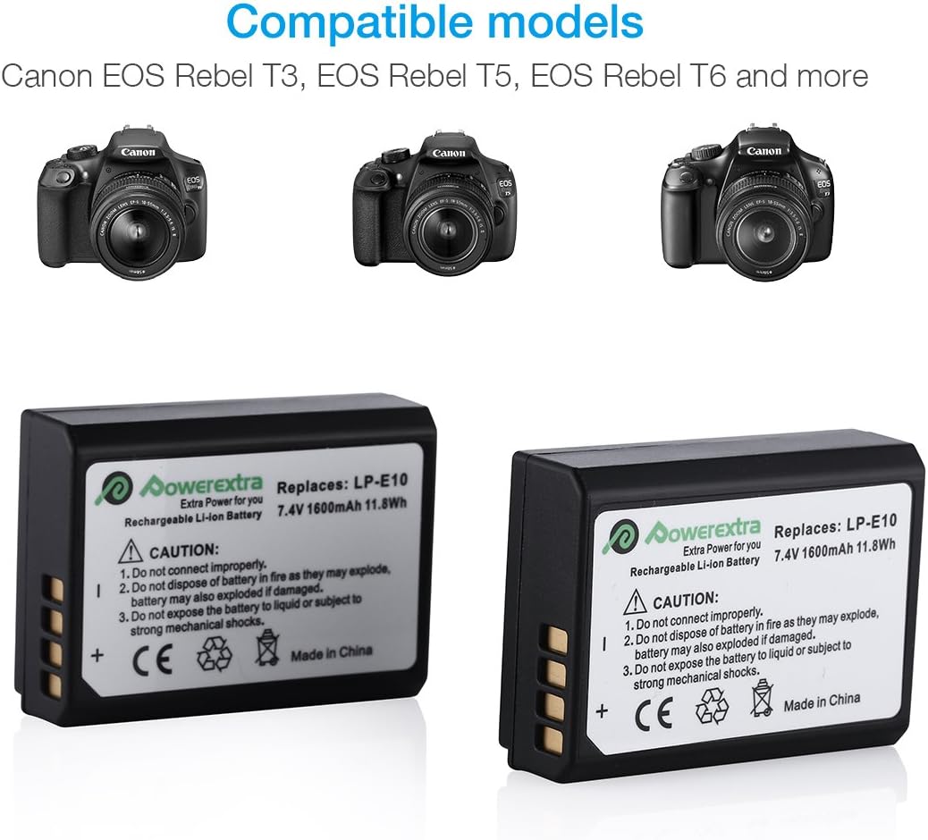 Powerextra 2 Pack Replacement Compatible with LP-E10 Battery Rebel T3 T5 T6 Kiss X50 Kiss X70