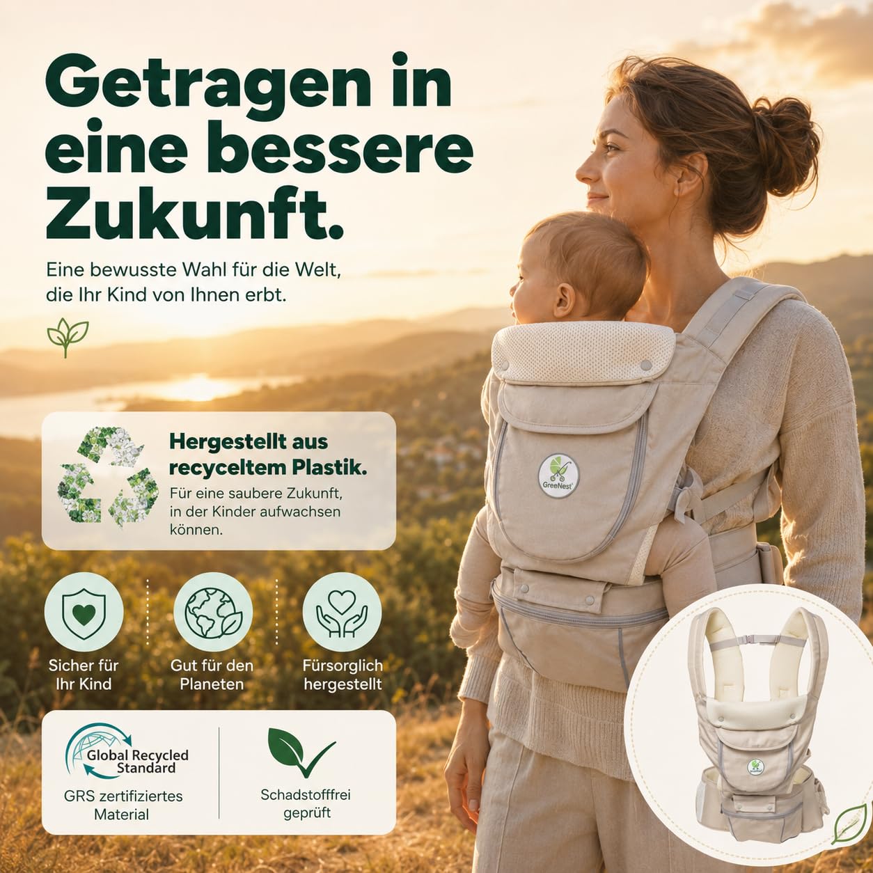 ÖKO Babytrage mit Hüftsitz 3 in 1 aus recycelten Materialien Bauchtrage, Hüfttrage & Rückentrage - atmungsaktiv mit Kapuze, Stauraum, Flaschenhalter für 6-36 Monate bis 3-29 kg