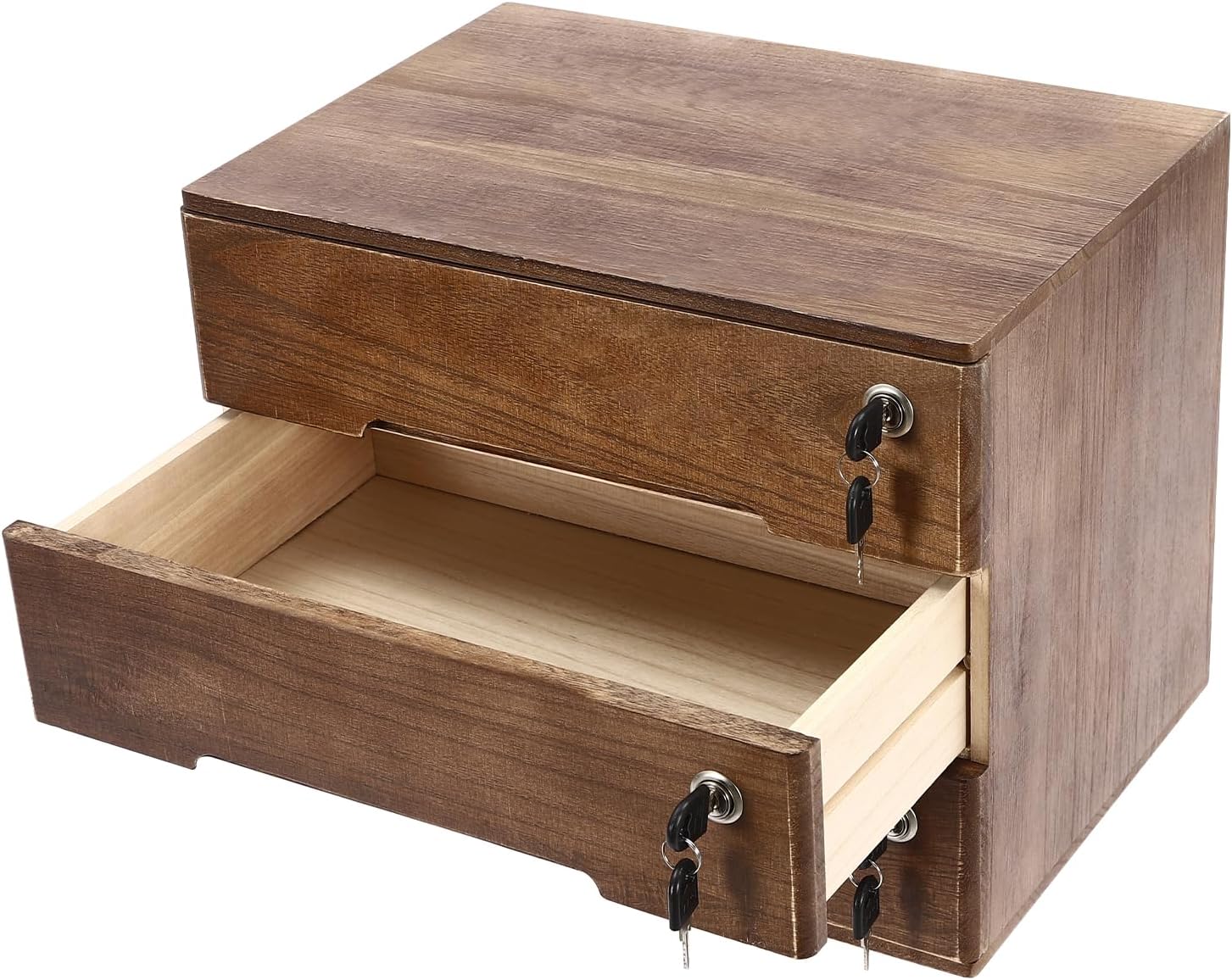 Wooden Desk Organizer with Lockable Drawers, 3-Tier Countertop Storage Cabinet File Cabinet Jewelry Organizer Home Office Supplies Organization Unit (Walnut-3 Lock)
