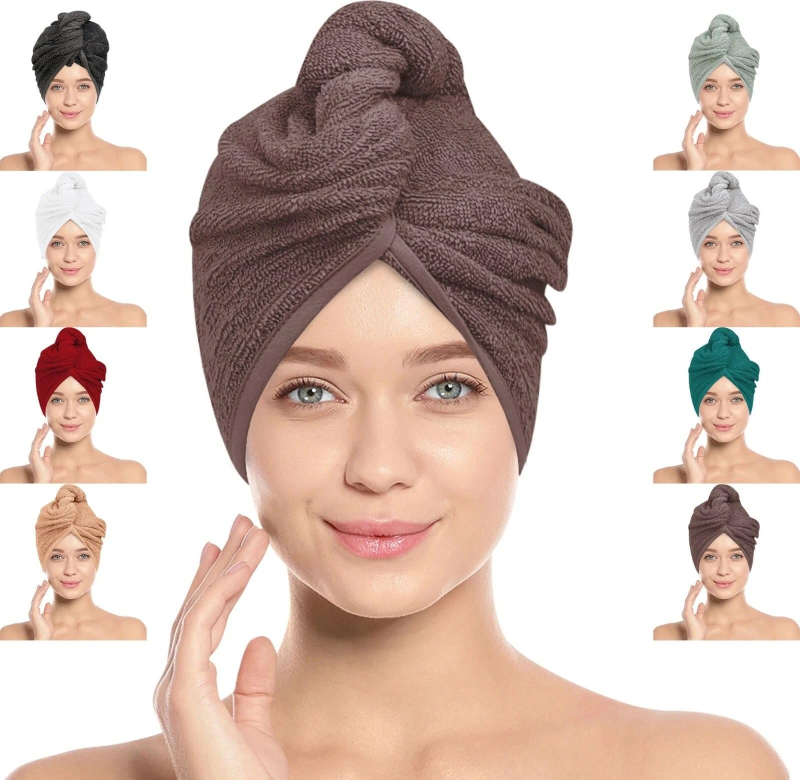 BAVIN Hair Towel Wrap, 100% Pure Cotton, Rapid-Dry Hair-Drying Turban, Ultra Soft and Quick Drying Absorbent, Anti Frizz Hair Large Towel with Button Loop, 66cm x 26cm (Brown, Pack of 2)