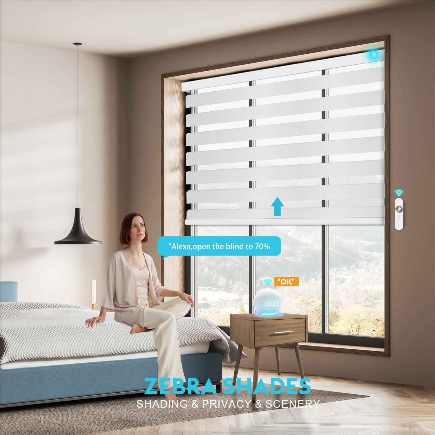 Blindify Motorized Zebra Blinds with Remote Smart Blind Work with Homekit Alexa SmartThings Electric Day and Night Shade Cordless Automatic Solar Powered Window Shade Customize(Classic White)