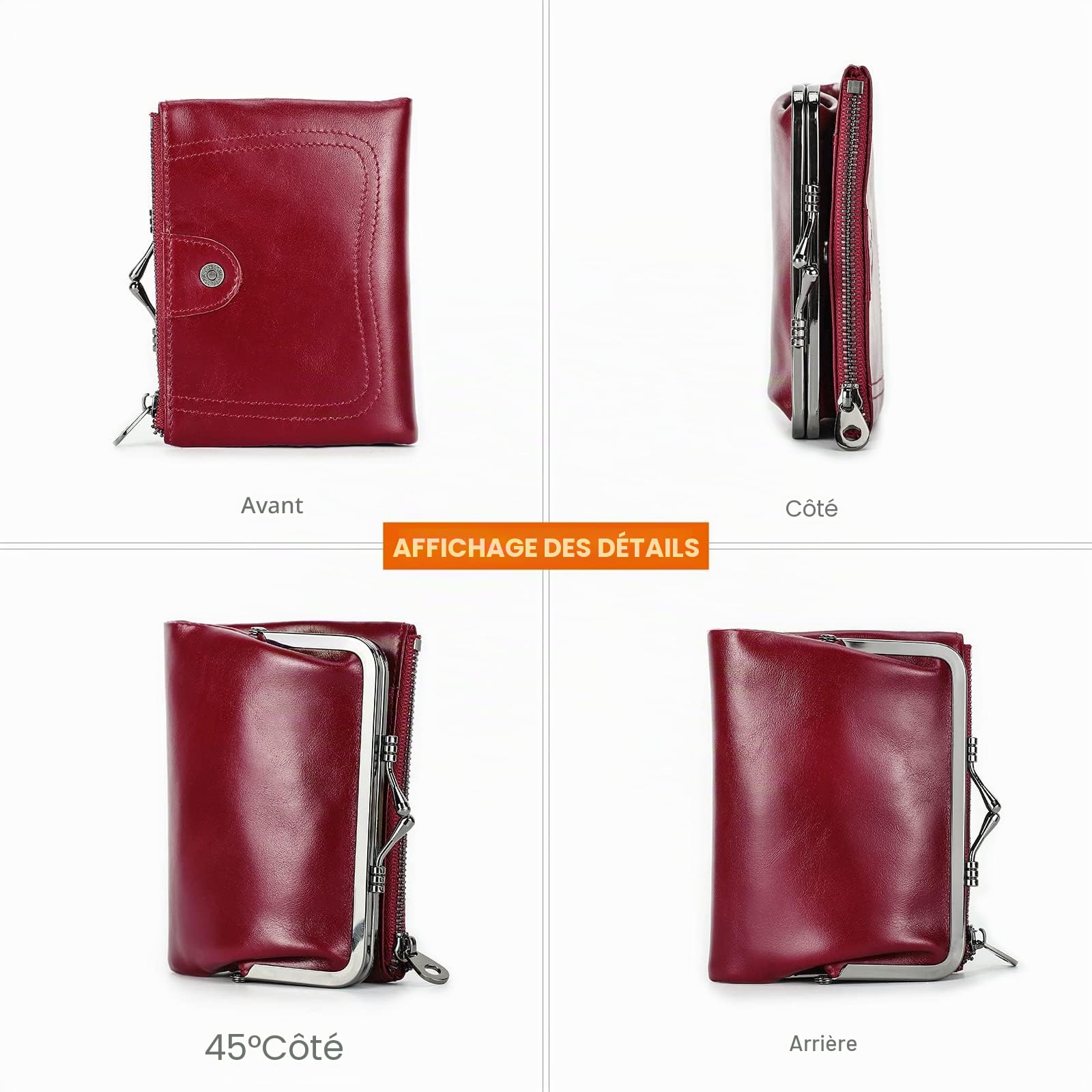Contacts Portefeuille RFID pour Femme avec Serrure à Baiser,Porte-Monnaie Compact à Deux Volets en Cuir avec Poche zippée Porte-Cartes de crédit Petite avec fenêtre pour Carte d'identité Rouge