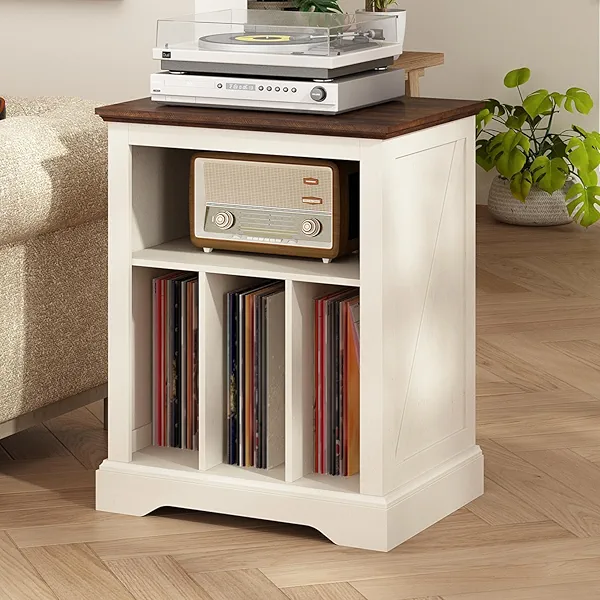 RowyPoey Farmhouse Record Player Stand, 3 Tier End Table, Turntable Stand with Vinyl Record Storage, Wood Record Holder Cabinet Dispaly Shelf for Living Room,Bedroom,Office,Antique White