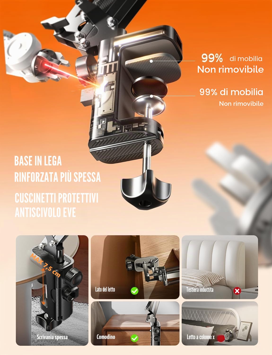 LISEN Supporto per tablet regolabile a braccio lungo 2 clip per iPad Kindle Samsung Galaxy