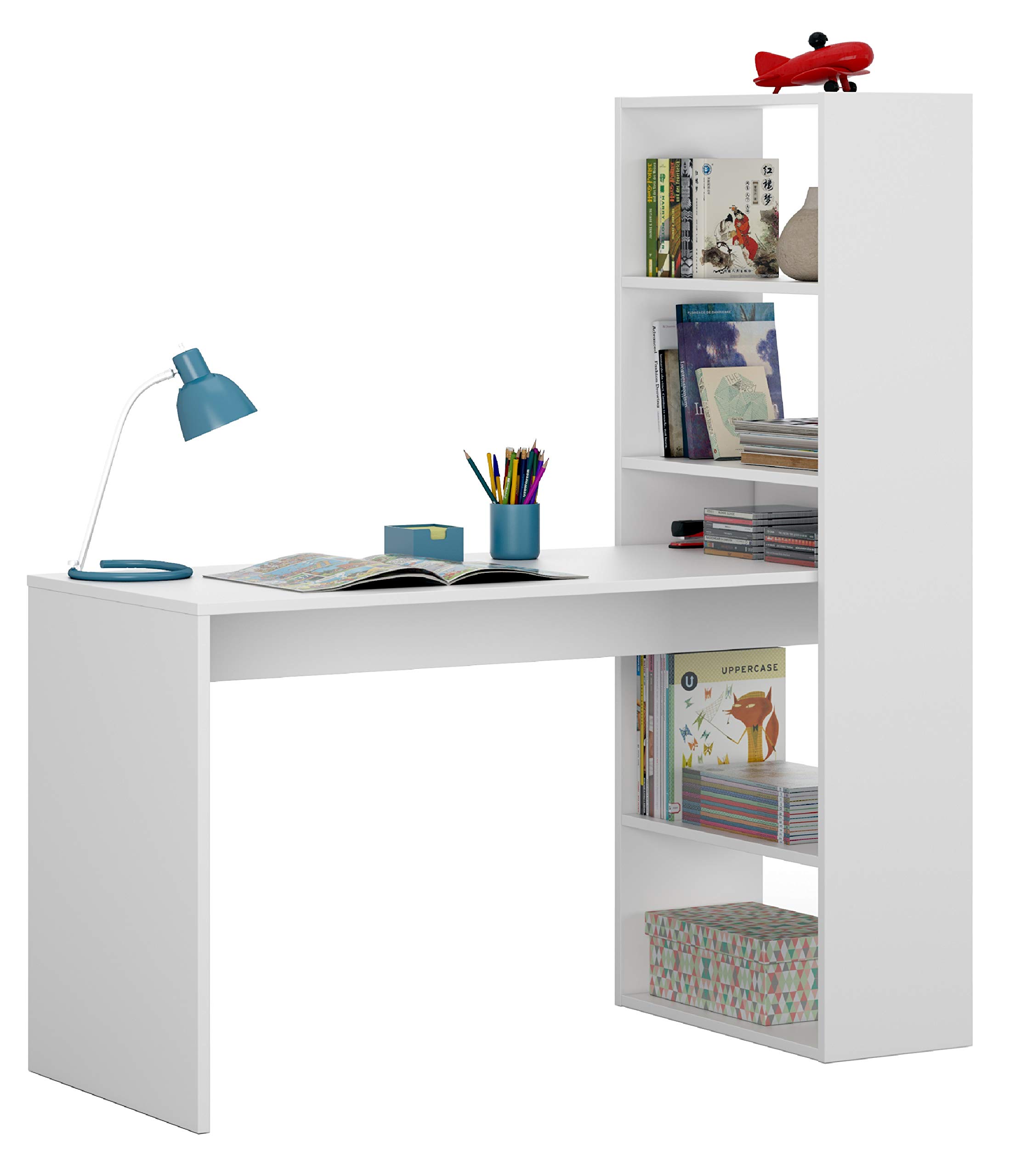 Bricozone Kirkensen Bureau avec bibliothèque réversible, pour Bureau, Salon, Salle à Manger, 120 x 144 x 53 cm, Blanc