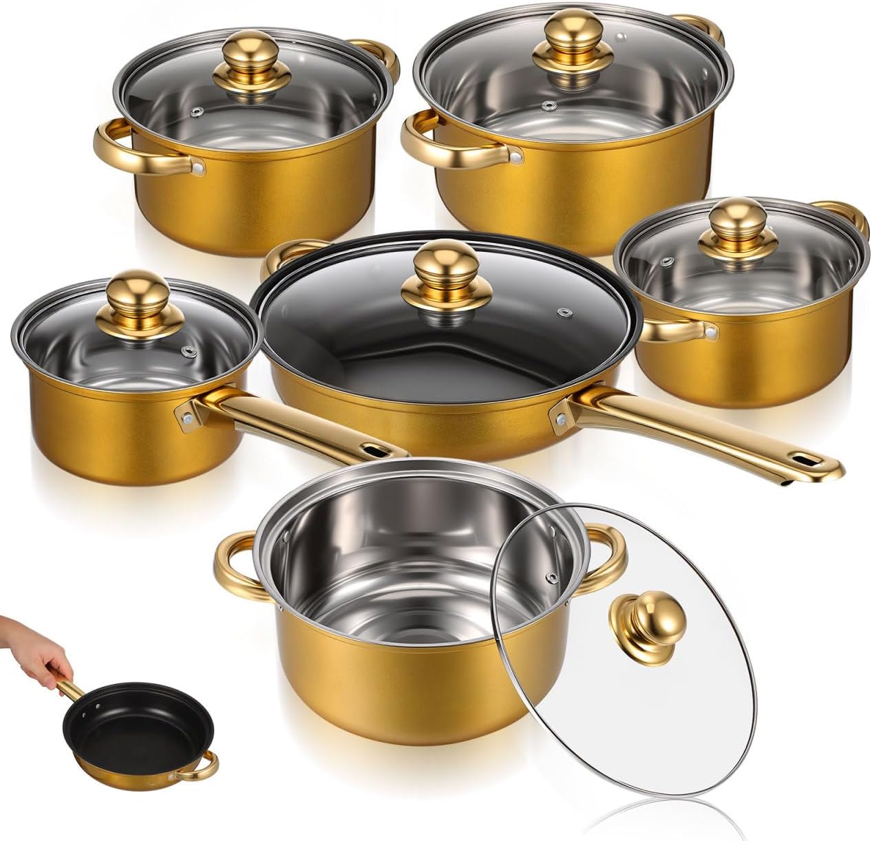 CALLARON Stainless Steel Cookware Set, 6 Piece Pots and Pans Set, Nonstick Cooking Utensils, Stockpots & Saucepans with Lids, Includes Saucepan & Stockpot for Everyday Home Use, Gold