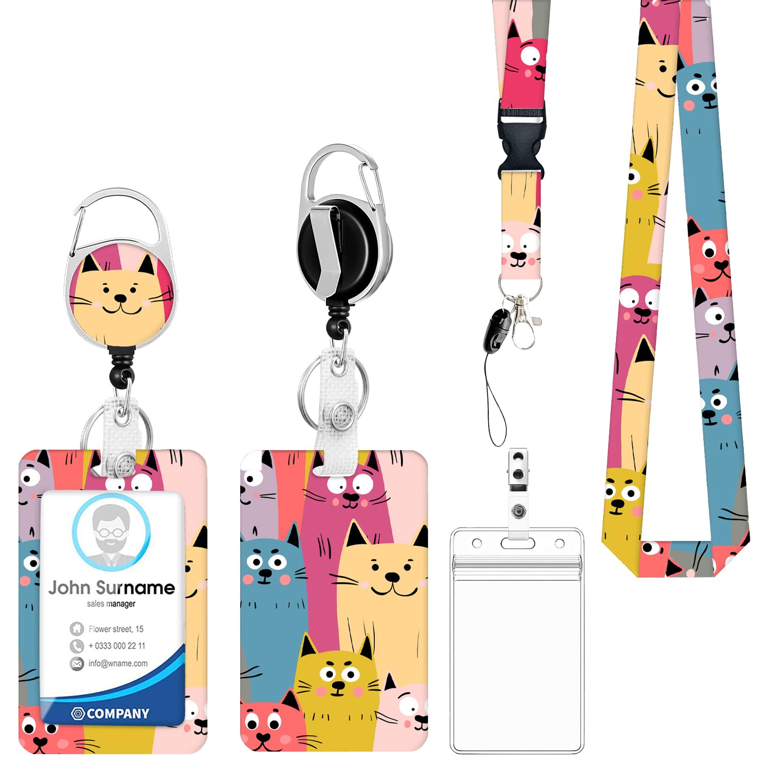 Fashionable ID Badge Holder Lanyard Set - Retractable Badge Reel with Carabiner Clip & Detachable Strap, Vertical Card Protector for Teacher, Doctor, Nurse & Student (Colorful Cats)