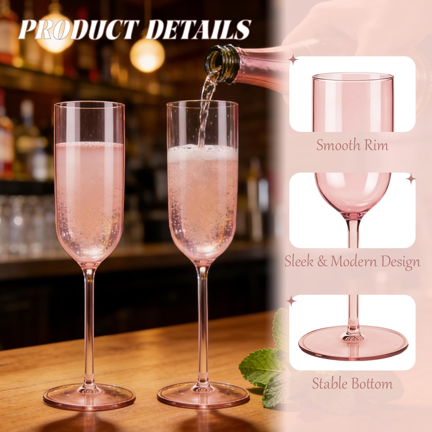 Plastic Champagne Flutes Set, 6oz Unbreakable Champagne Glasses Bulk, Shatterproof Reusable Mimosa Prosecco Sparkling Wine Cups for Wedding Mother's Day Party (Rose Gold, 12pcs)