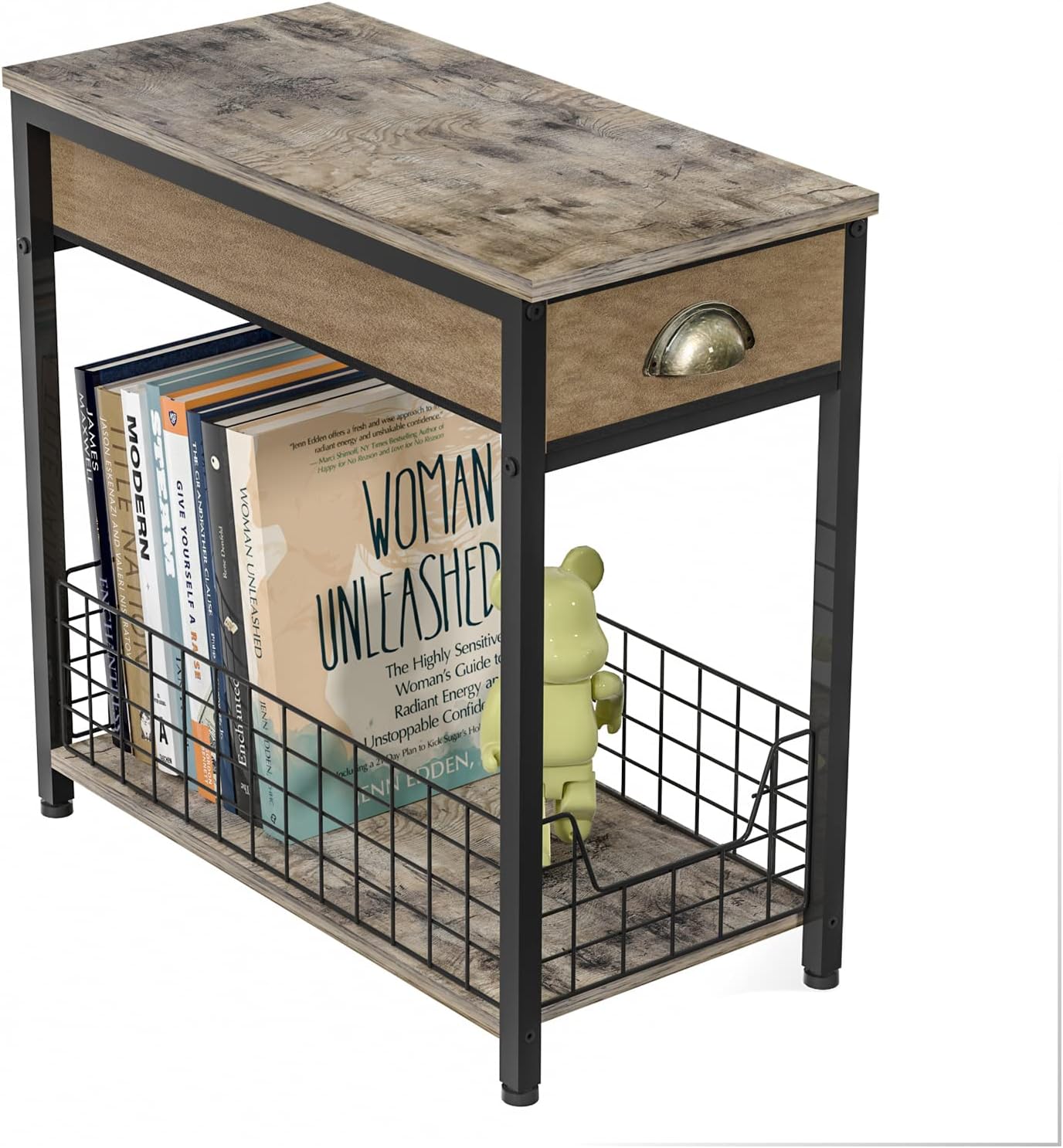X-cosrack Narrow End Table with Drawer,Industrial Retro Side Table for Small Spaces,Nightstand Sofa Storage Shelf for Living Room Bedroom Kitchen and Office(Rustic Brown & Black)