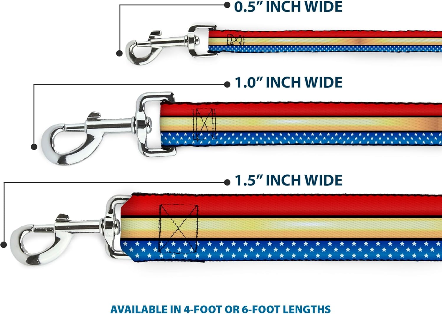 Dog Leash Wonder Woman Stripe Stars Red Gold Blue White 6 Feet Long 1.0 Inch Wide