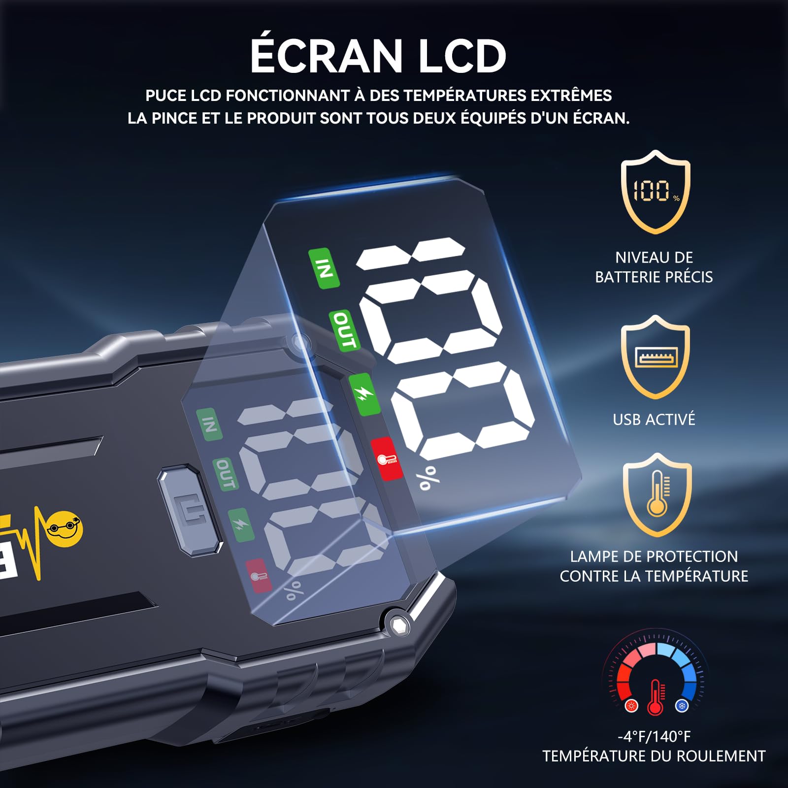 Booster Batterie Voiture Portable, 5000A Démarreur Batterie Voiture (Jusqu’à 10.0L Essence & 8.0L Diesel), Jump Starter avec Port de Charge USB, 3 Modes de Lumières LED, Écran LCD