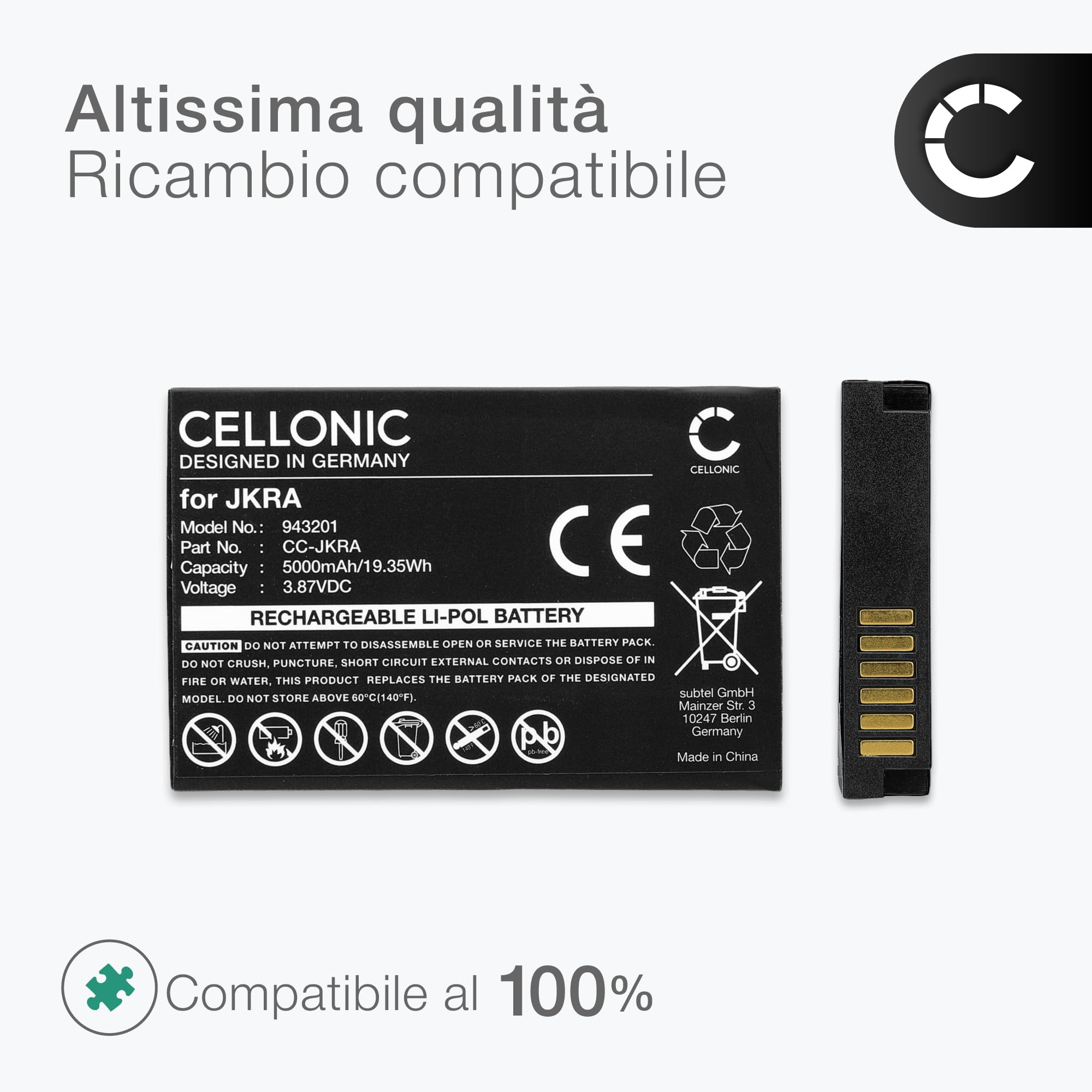 CELLONIC 1x Batteria per Terminale di pagamento/POS Compatibile con Sunmi L2Ks, T8A-10, JKRA – (5000mAh, 3.87V)