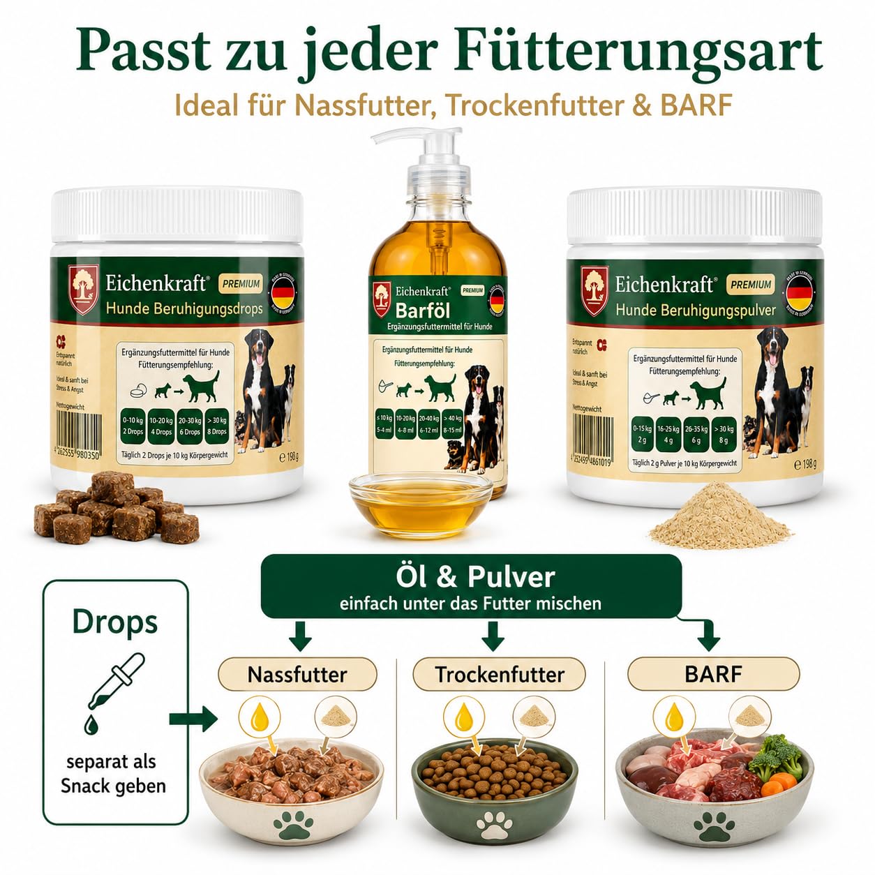 Beruhigungsmittel Hunde 3er Set Kausnacks Beruhigungspulver Lachsöl Barf Öl