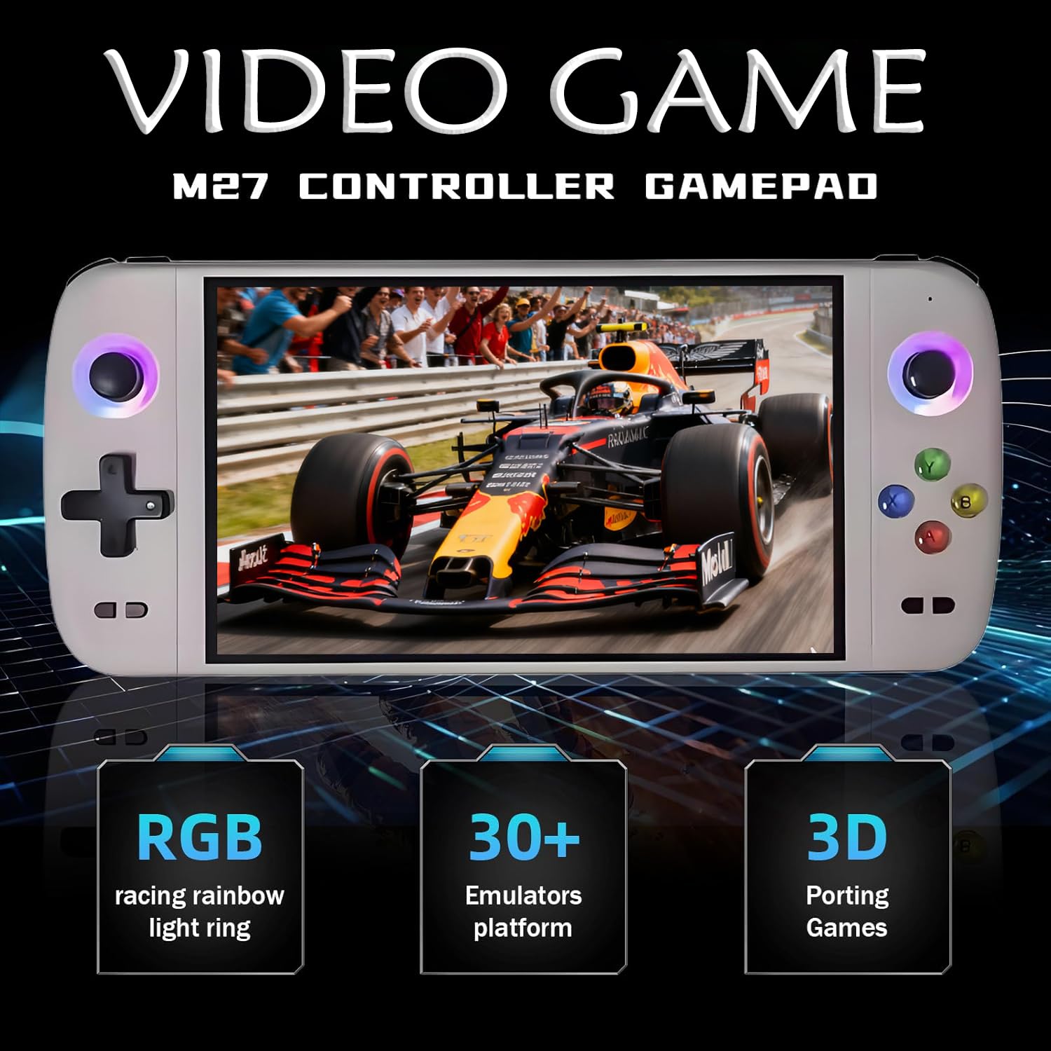 Nuova console di gioco portatile M27, 128 GB di memoria interna con 30.000 giochi, sistema Linux, schermo IPS da 7 pollici, console portatile mini arcade tascabile, uscita HD (nero, 128 g)