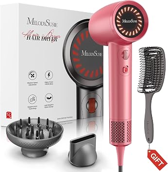 MelodySusie Hair Dryer with Diffuser, 1600W Fast Drying Low Noise Ionic Hair Dryer for Curly Hair with Diffuser,Nozzle and Hair Brush,120,000 RPM Blow Dryer Ideal for Women