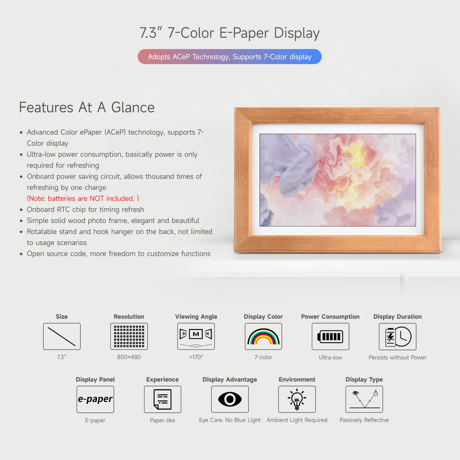 Waveshare 7.3inch ACeP 7-Color E-Paper with Solid Wood Photo Frame, Ultra-Long Standby, 800x480, Suitable for Different Content Displays Like Calendars, Quotes, Posters (Batt are Not Included)