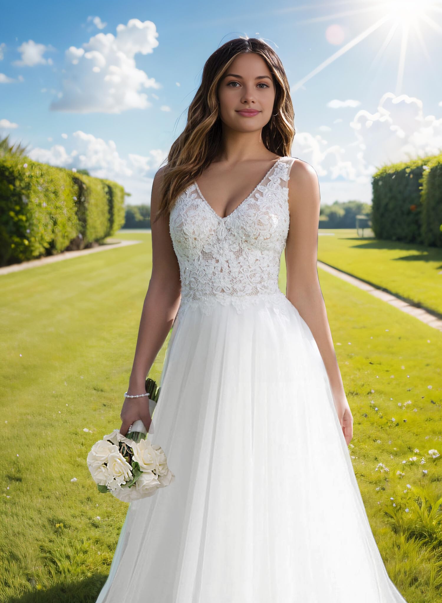 JAEDEN Brautkleider A-Linie Spitze Hochzeitskleider Lang Tüll V-Ausschnitt Brautmode Standesamtkleider