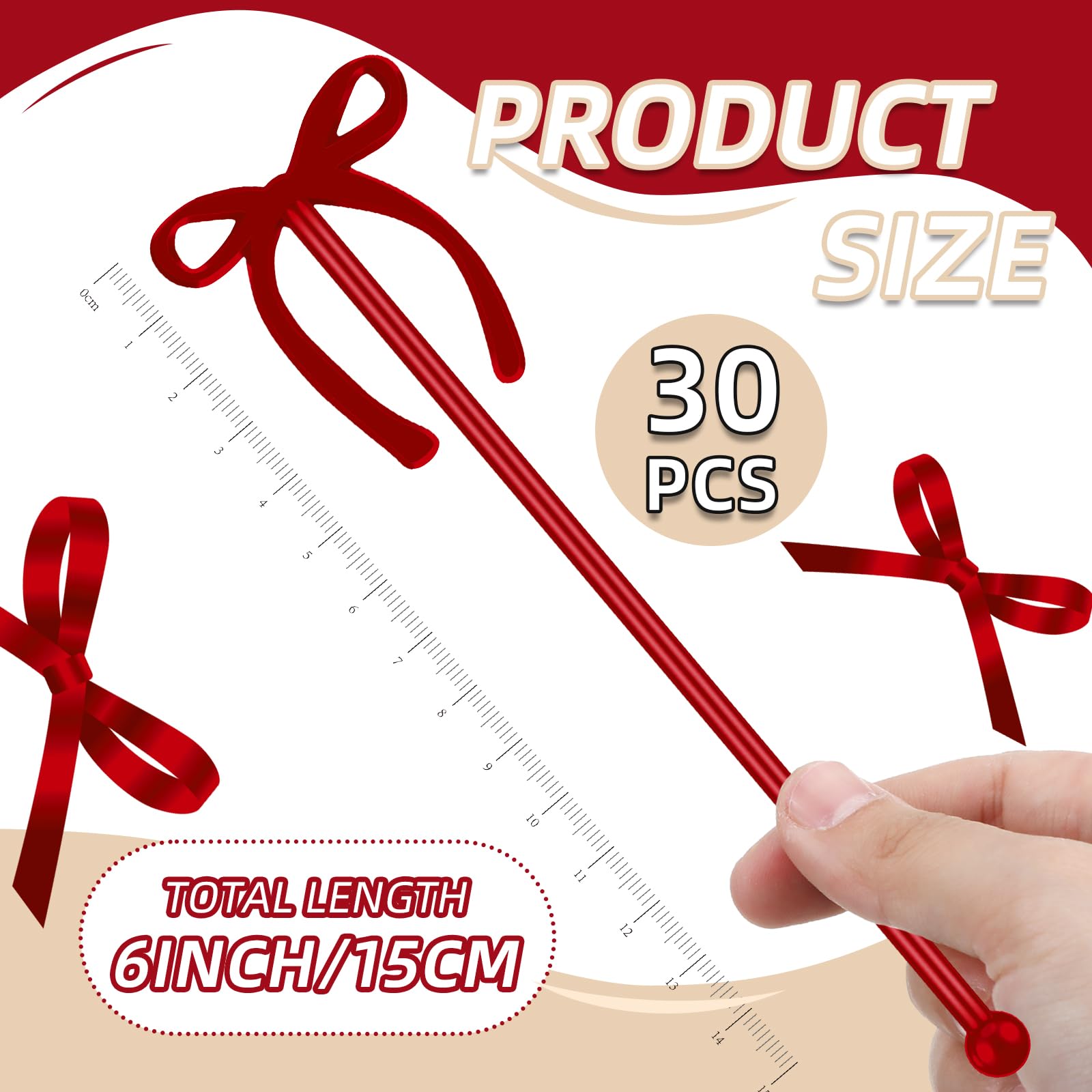 SiliFine 30 Pcs 6 Inch Bow Drink Stirrers, Bow Stir Sticks Coffee Stirrers Reusable Plastic Swizzle Sticks for Wedding Birthday Bridal Cocktail Decorations Supplies(Red)