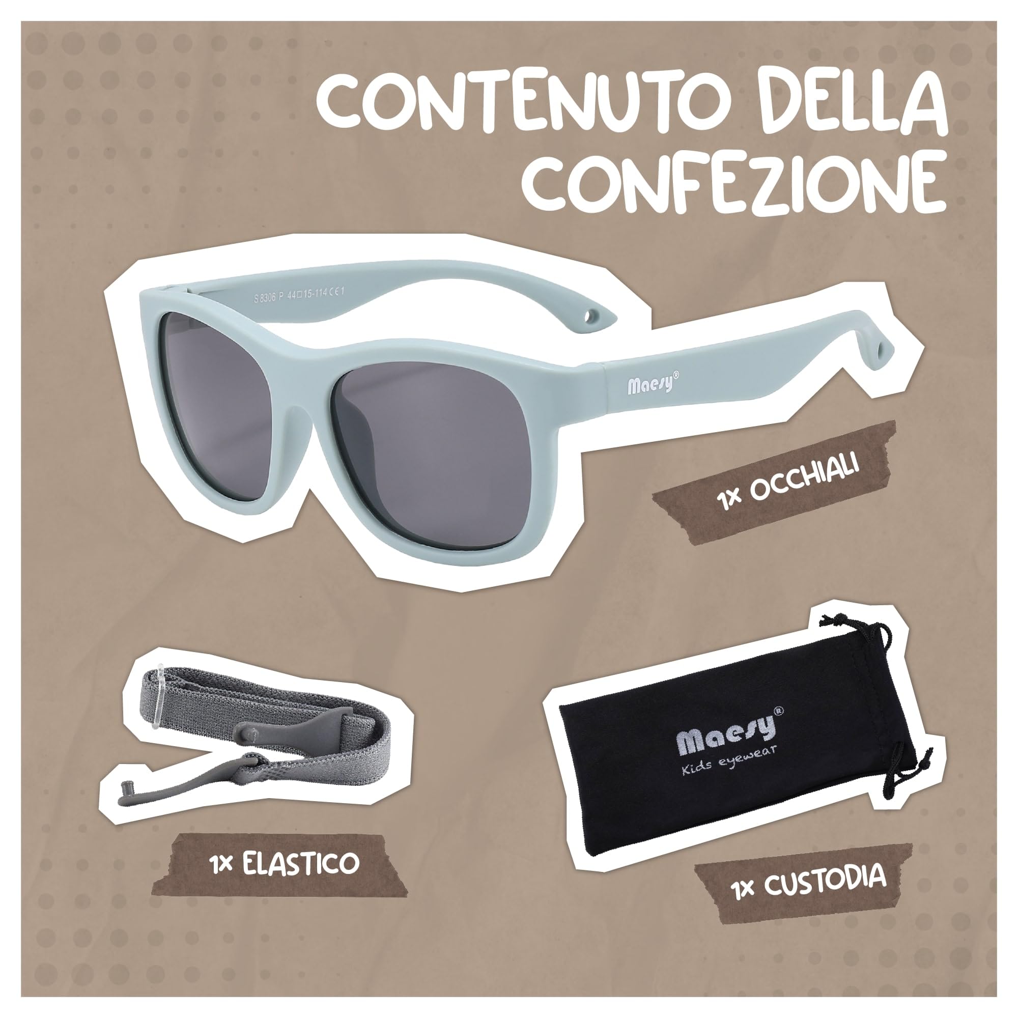 Occhiali da Sole Bambino 1-3 Anni - Lenti Polarizzate UV400 Categoria Filtro 3 - Montatura Flessibile con Fascia Regolabile - Design Quadrato, Sicuri e Confortevoli - Luca