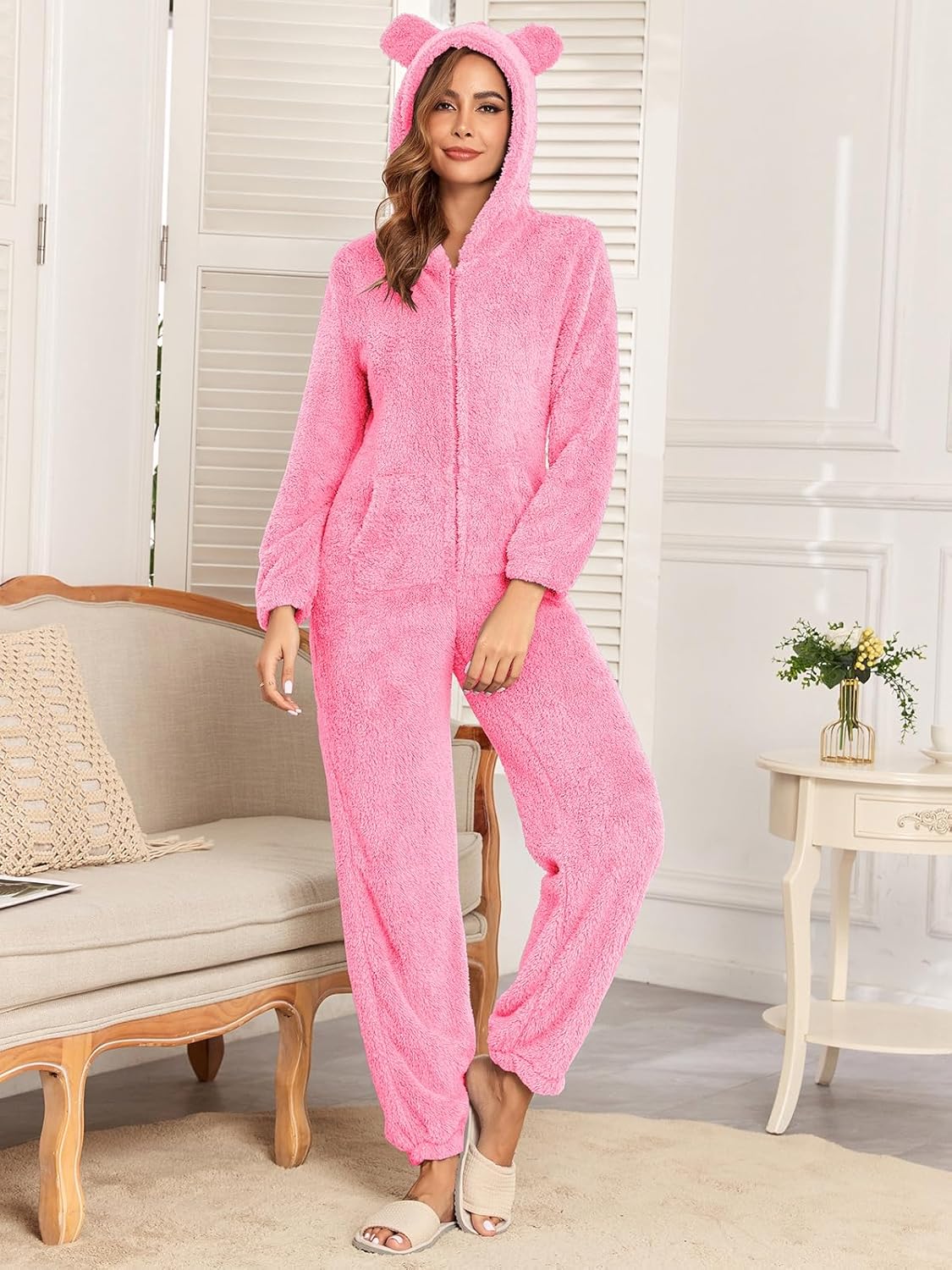 HOTIAN Fleece Onesie Pajamas for Women Fuzzy Sherpa Hooded Romper One Piece Winter Sleepwear Flannel Pajama Jumpsuit - Image 3