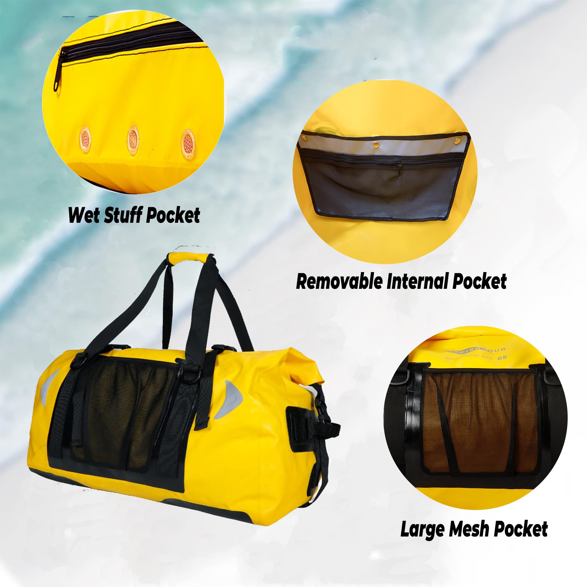 65L wasserdichte Duffelbag für Damen und Herren – Große Motorrad-Reisetasche mit Gurten für den Rücksitz – Rollverschluss-Drybag für Kajak, Rafting, Bootfahren, Schwimmen, Strand (Gelb)