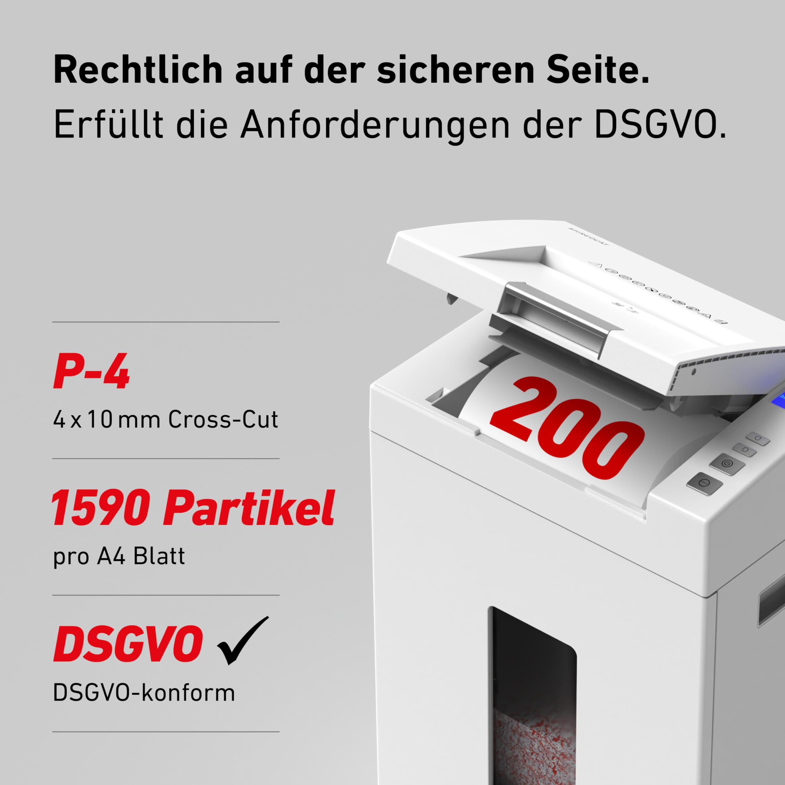 Autofeed Aktenvernichter IDEAL Shredcat 8292, 200 Blatt Papierstapel mit automatischem Einzug schreddern, 10 Blatt manuell, Partikelschnitt P4, leiser Betrieb – spart Zeit im Büro, Verwaltung, Schulen