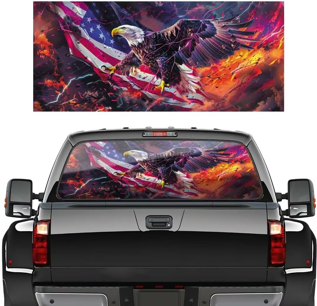 Lightning Eagle Rear Window Graphic Decal for Trucks SUV, Cars, Universal, Retro American Flag Perforated Vinyl Window Film Truck Back Window Decals Sticker for Pickup - 53"W x 14"H