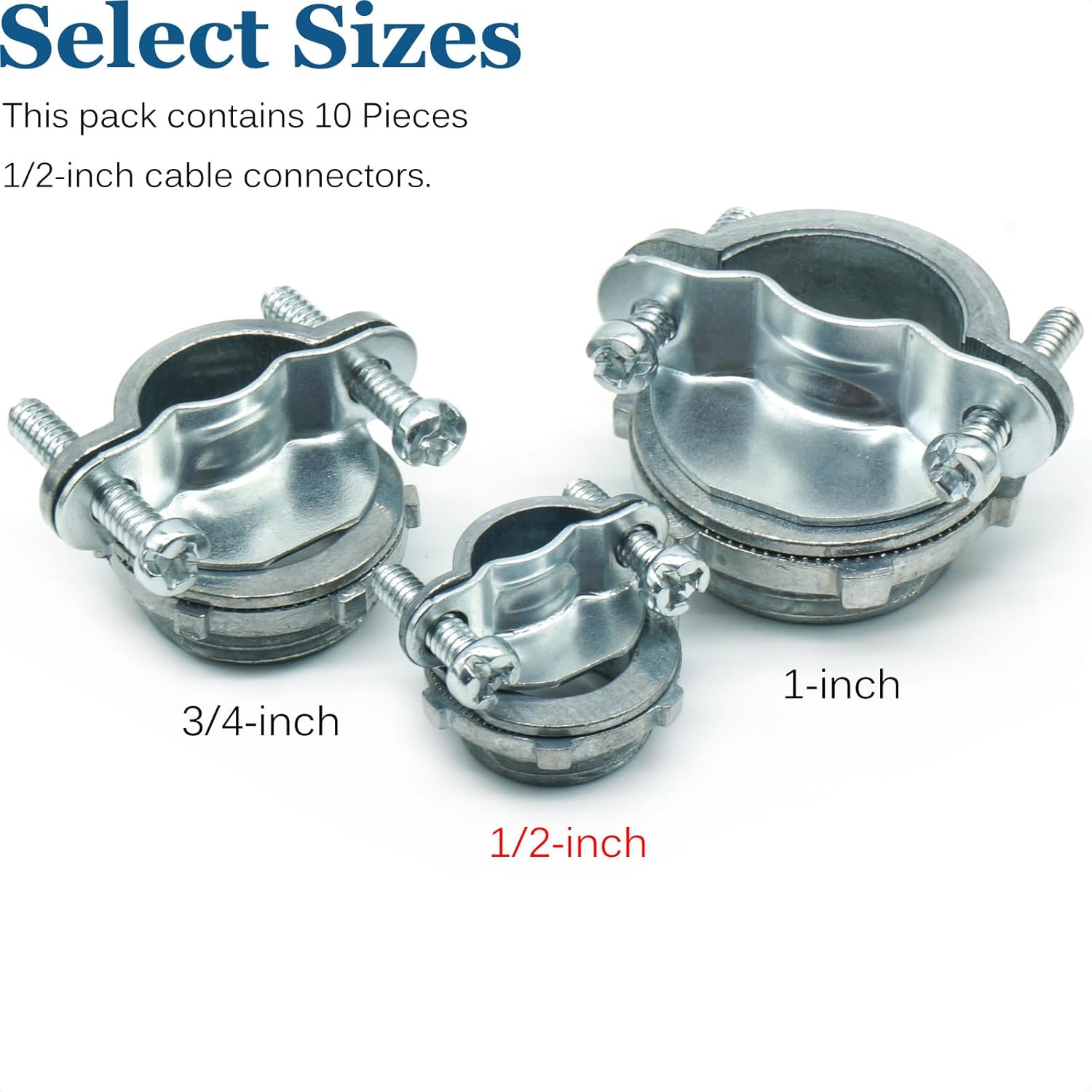 10 Pcs 1/2 inch Clamp Type Cable Connectors, Zinc Alloy Electrical Connectors for NM Cable, Metallic Conduit, Junction Box to Protect Wires