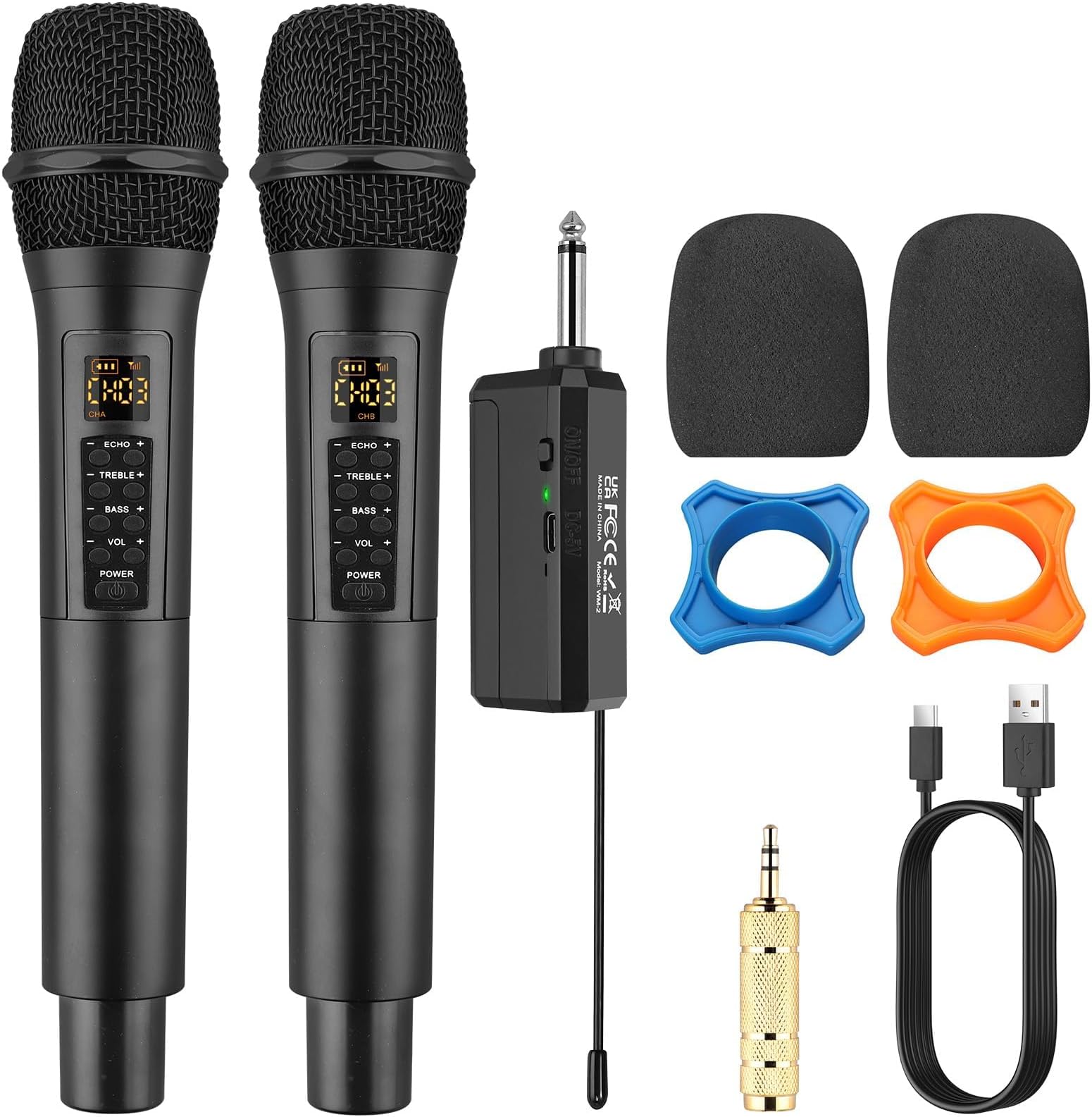 PROZOR Wireless Microphones UHF with Volume Treble Bass Echo Control No Delay No Noise Cordless Dynamic Mic System with Rechargeable Receiver for Karaoke Machine Singing Wedding Church DJ Party Speech