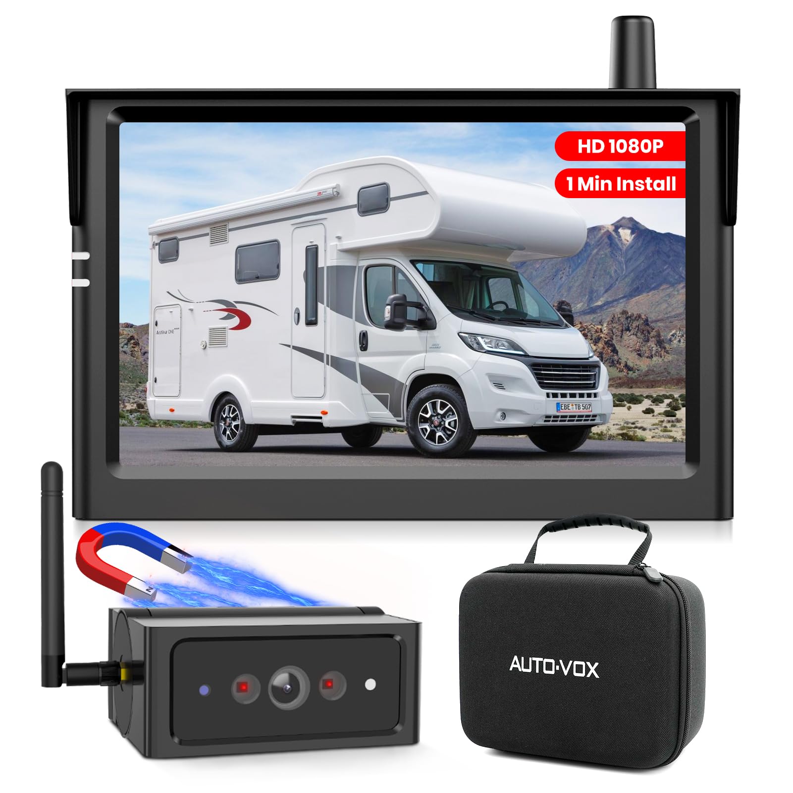 AUTO-VOX Magnetische Rückfahrkamera Kabellos Akku:1-Minuten-Installation, 5" 1080P Monitor, IP69K-wasserdicht, Nachtsicht & Rückfahrkamera Funk für Wohnwagen, LKW, Auto, Wohnmobil, Anhänger