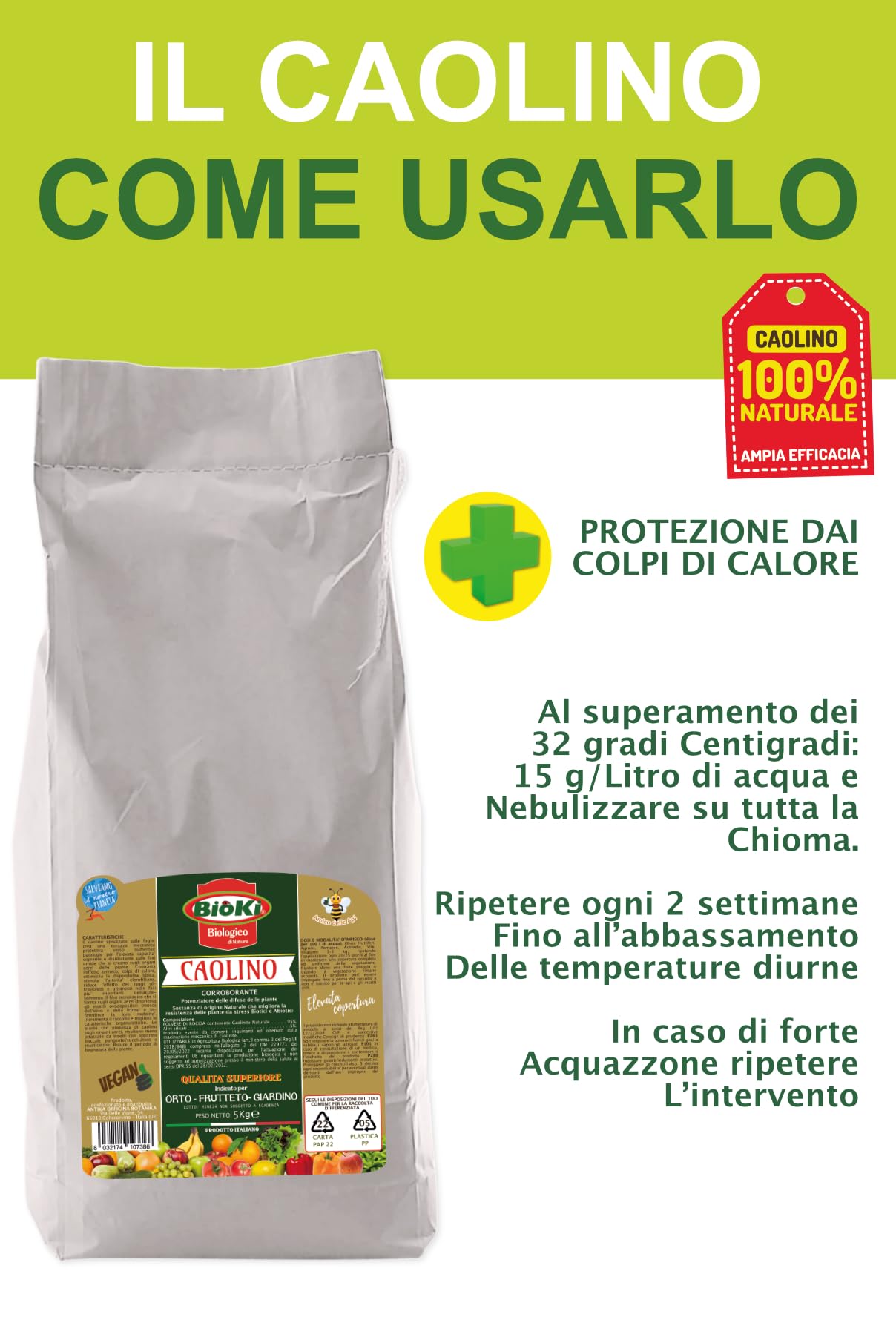 CAOLINO PER AGRICOLTURA -CORROBORANTE E POTENZIATORE DELLE DIFESE NATURALI DELLE PIANTE - "CAOLINO POLVERE DI ROCCIA" SACCO DA 5 KG