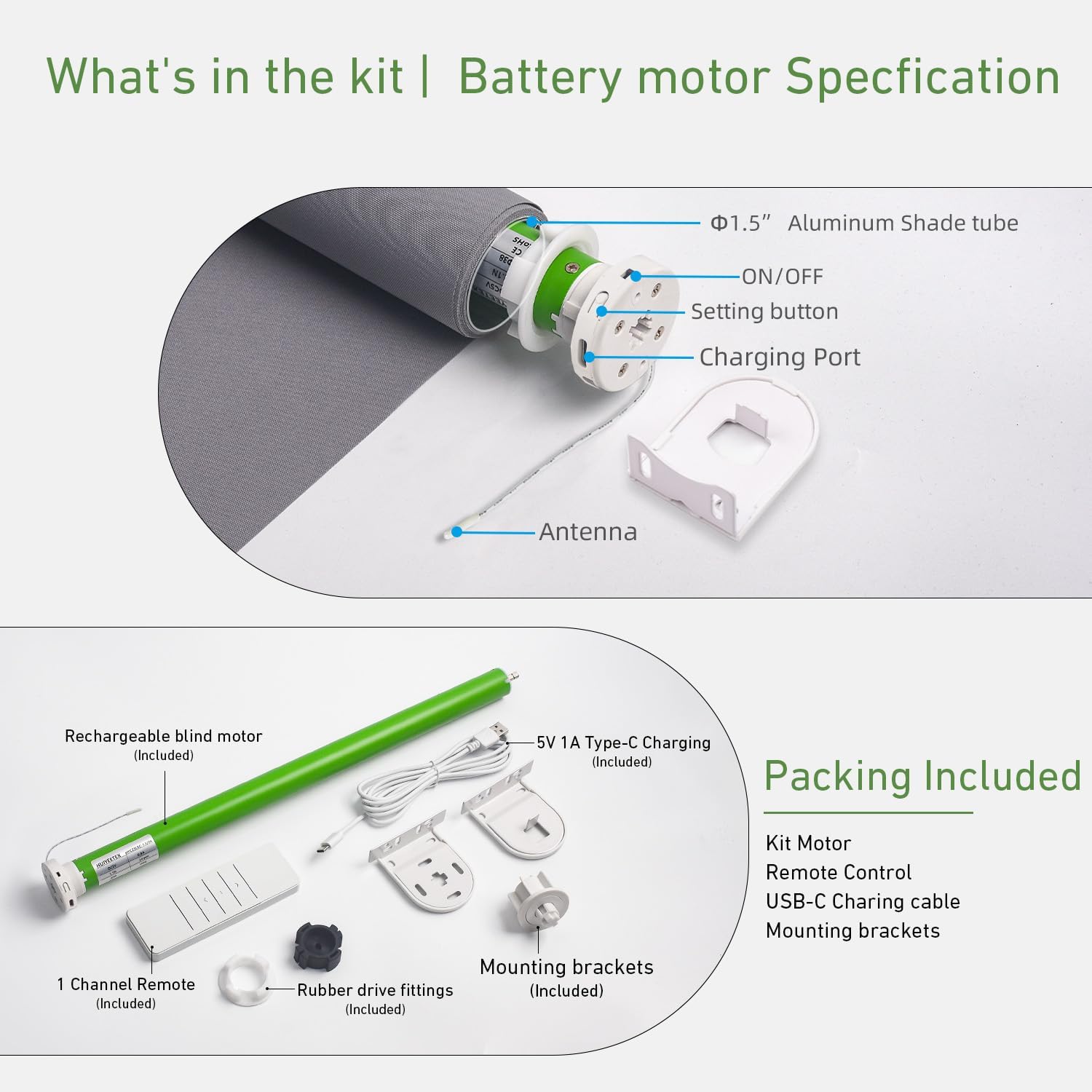 5V USB-C Tubular Motor Blinds Kit Retrofit Motorized Roller Blind with Remote Control, Rechargeable Smart Blinds for Windows